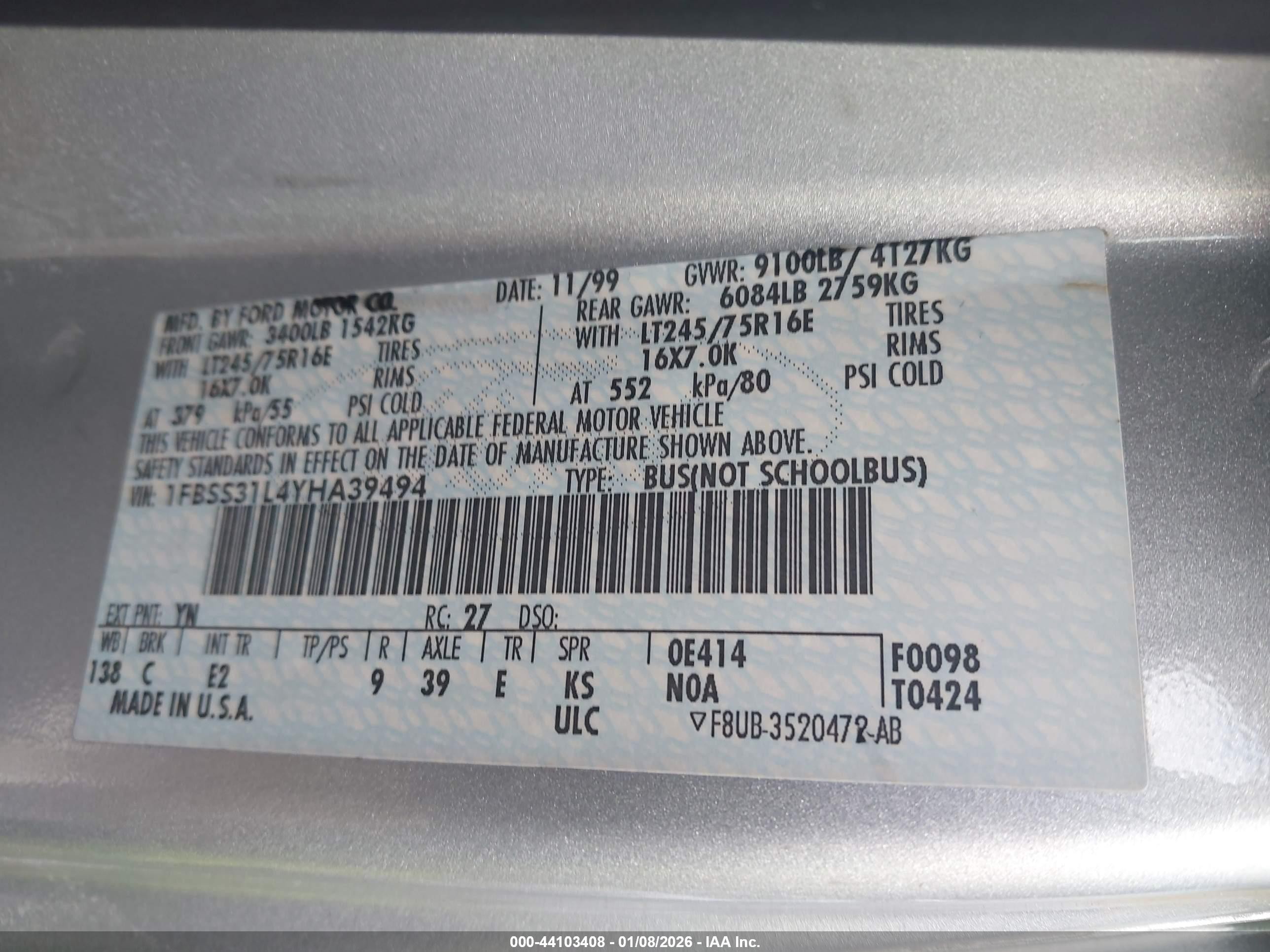 2000 Ford E-350 Super Duty   Gray vin: 1FBSS31L4YHA39494