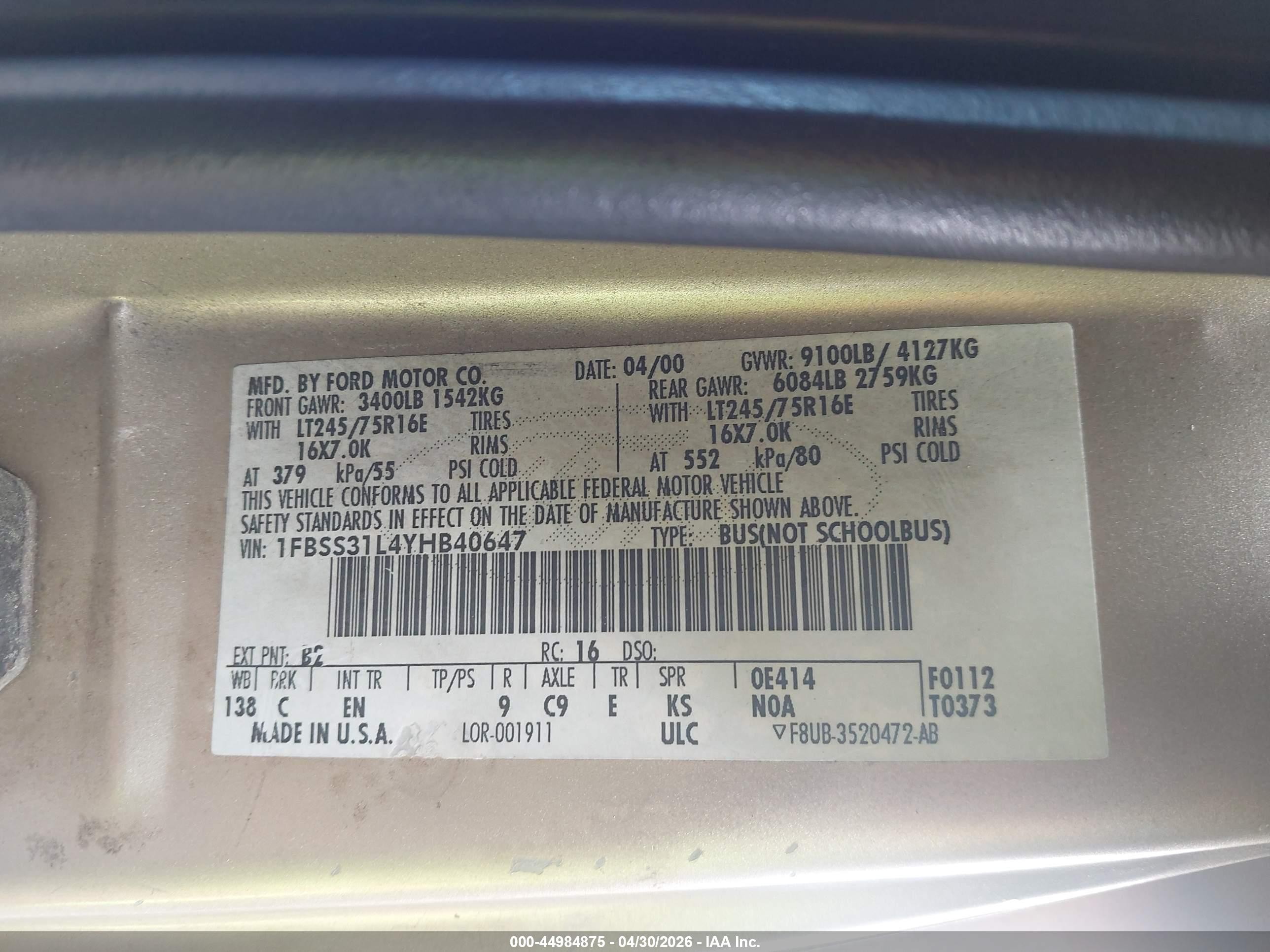 2000 Ford E-350 Super Duty Xl/xlt Gold vin: 1FBSS31L4YHB40647