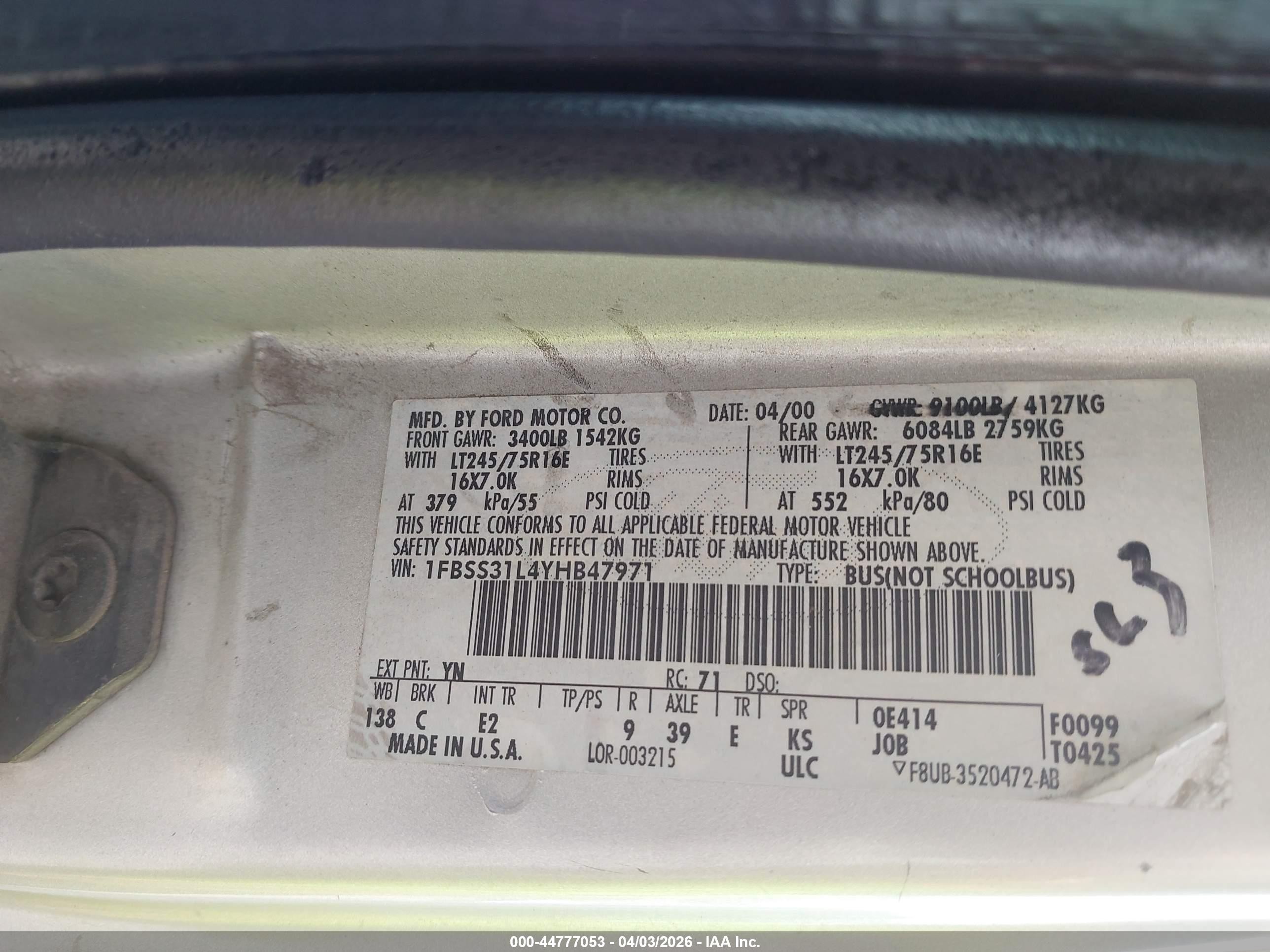 2000 Ford E-350 Super Duty Xl/xlt Серебряный vin: 1FBSS31L4YHB47971