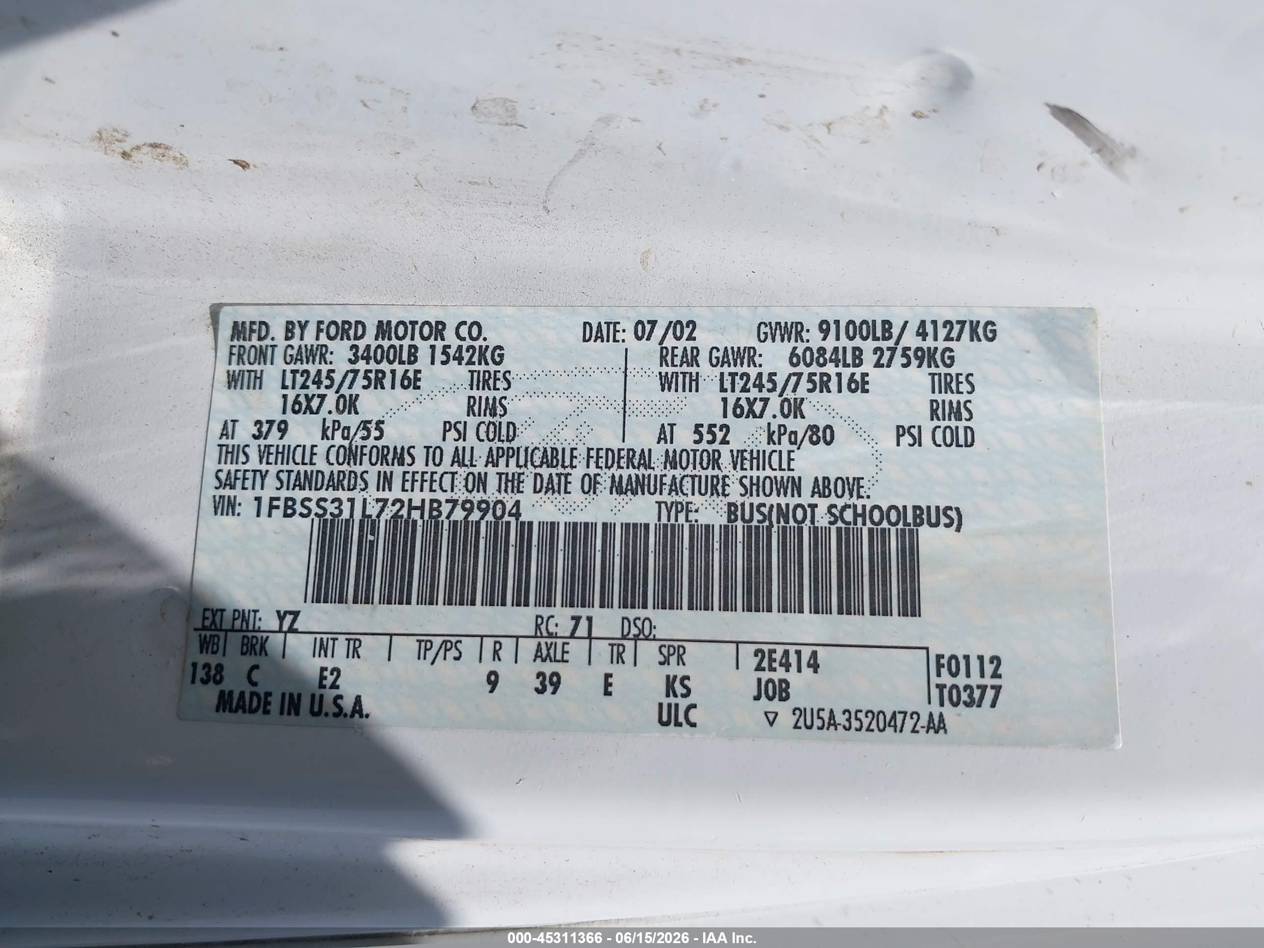 2002 Ford E-350 Super Duty Xl/xlt White vin: 1FBSS31L72HB79904