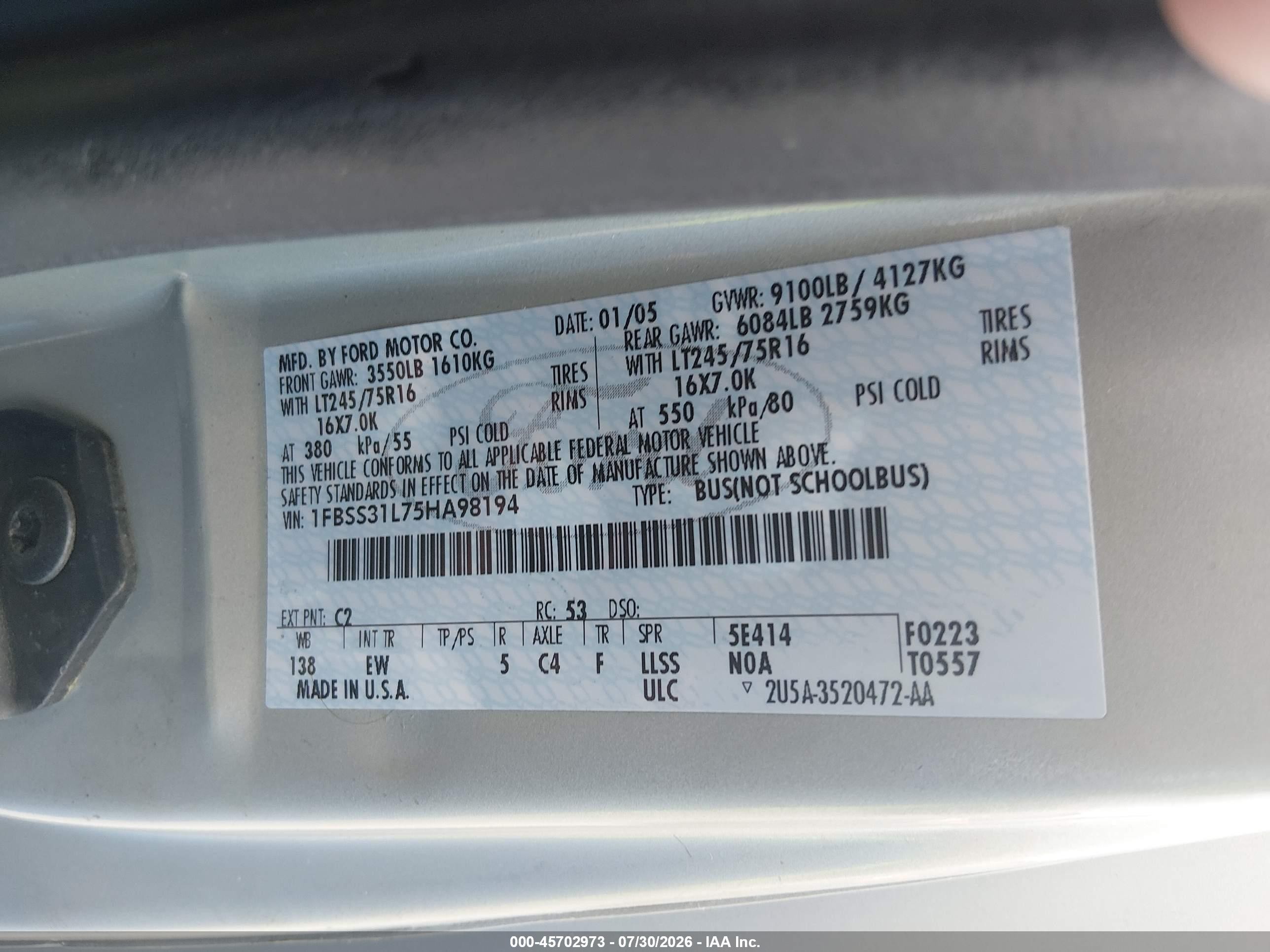 2005 Ford E-350 Super Duty Xl/xlt Gray vin: 1FBSS31L75HA98194
