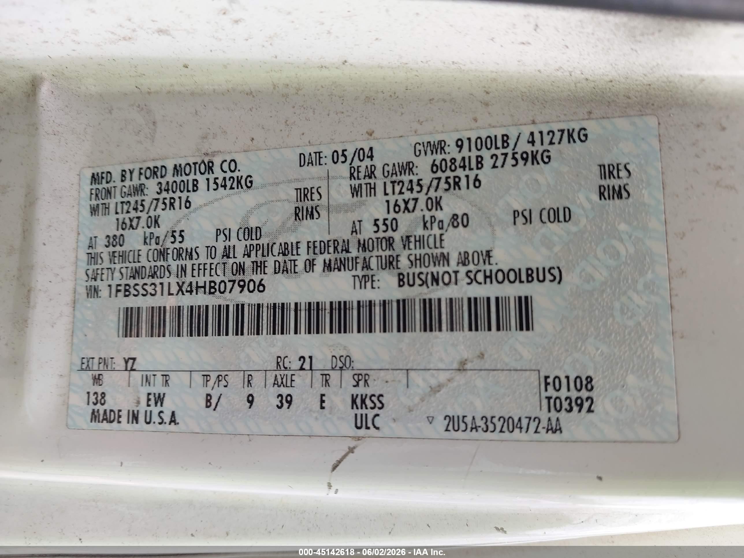 2004 Ford E-350 Super Duty Xl/xlt White vin: 1FBSS31LX4HB07906