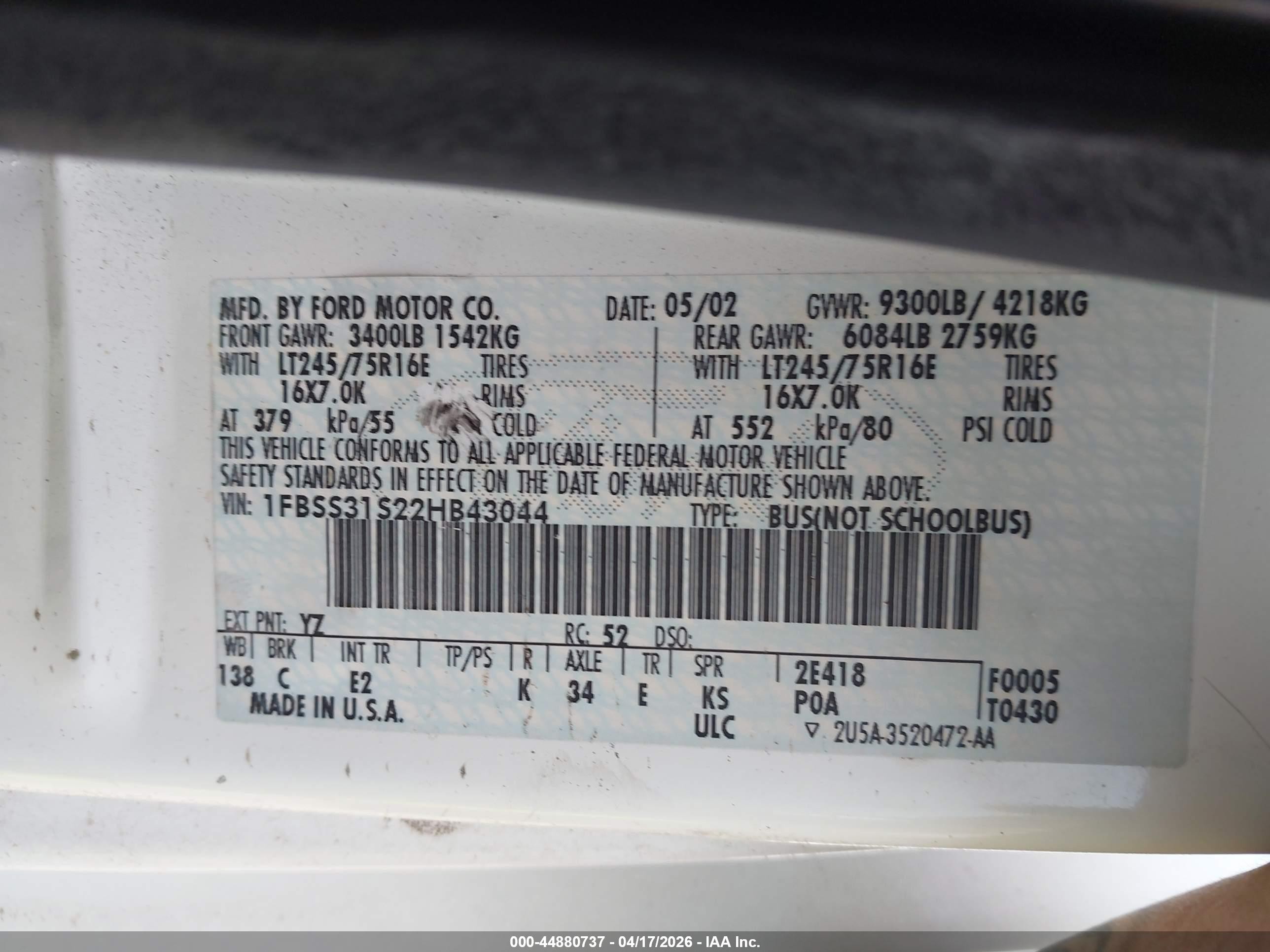 2002 Ford E-350 Super Duty Xl/xlt White vin: 1FBSS31S22HB43044