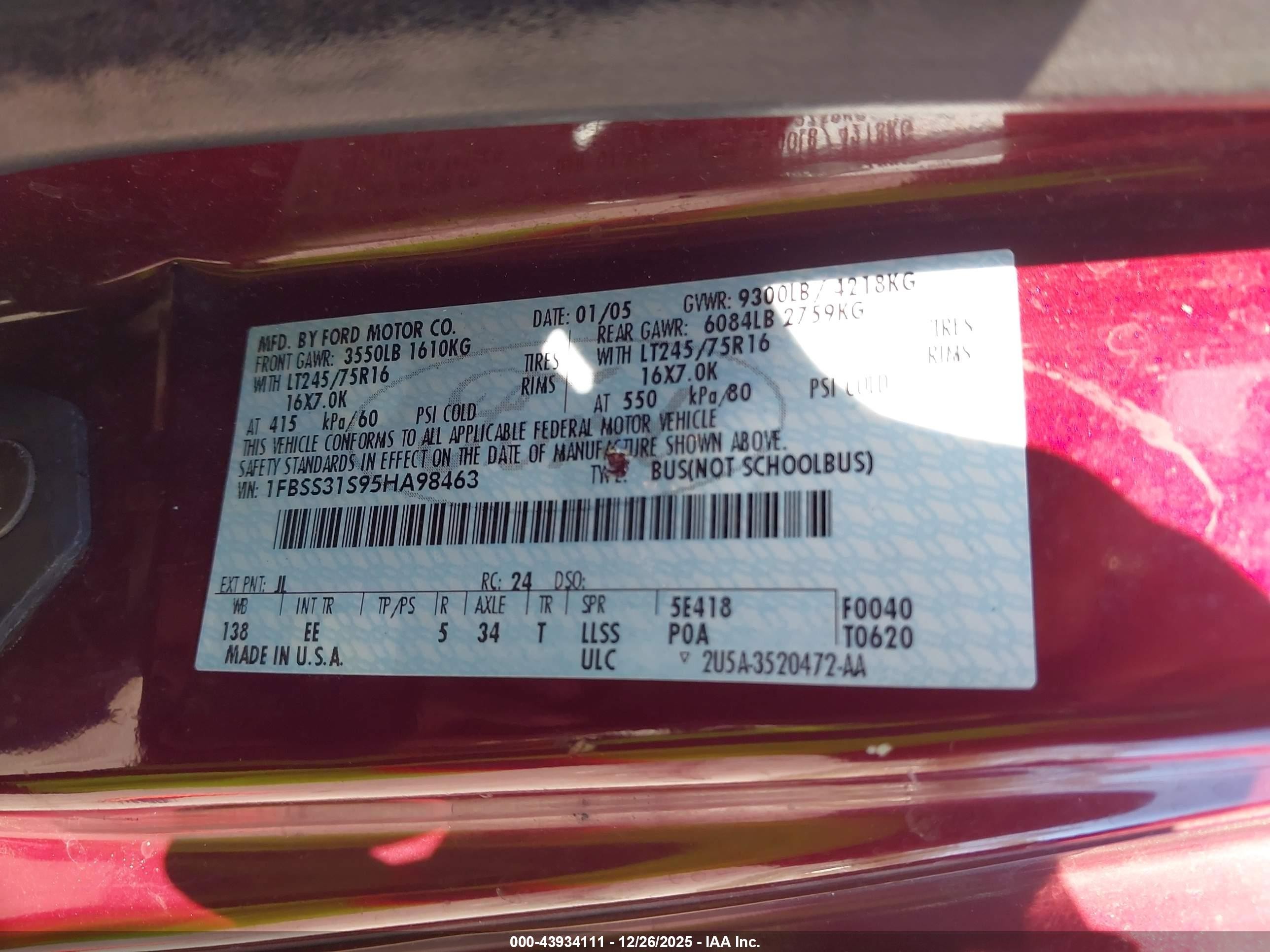 2005 Ford E-350 Super Duty Xl/xlt Burgundy vin: 1FBSS31S95HA98463