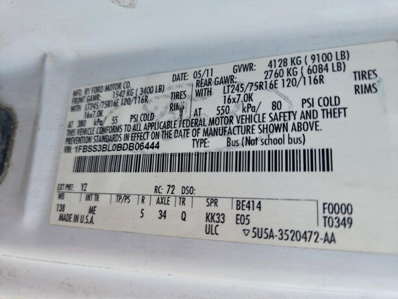 2011 Ford Econoline E350 Super Duty Wagon White vin: 1FBSS3BL0BDB06444