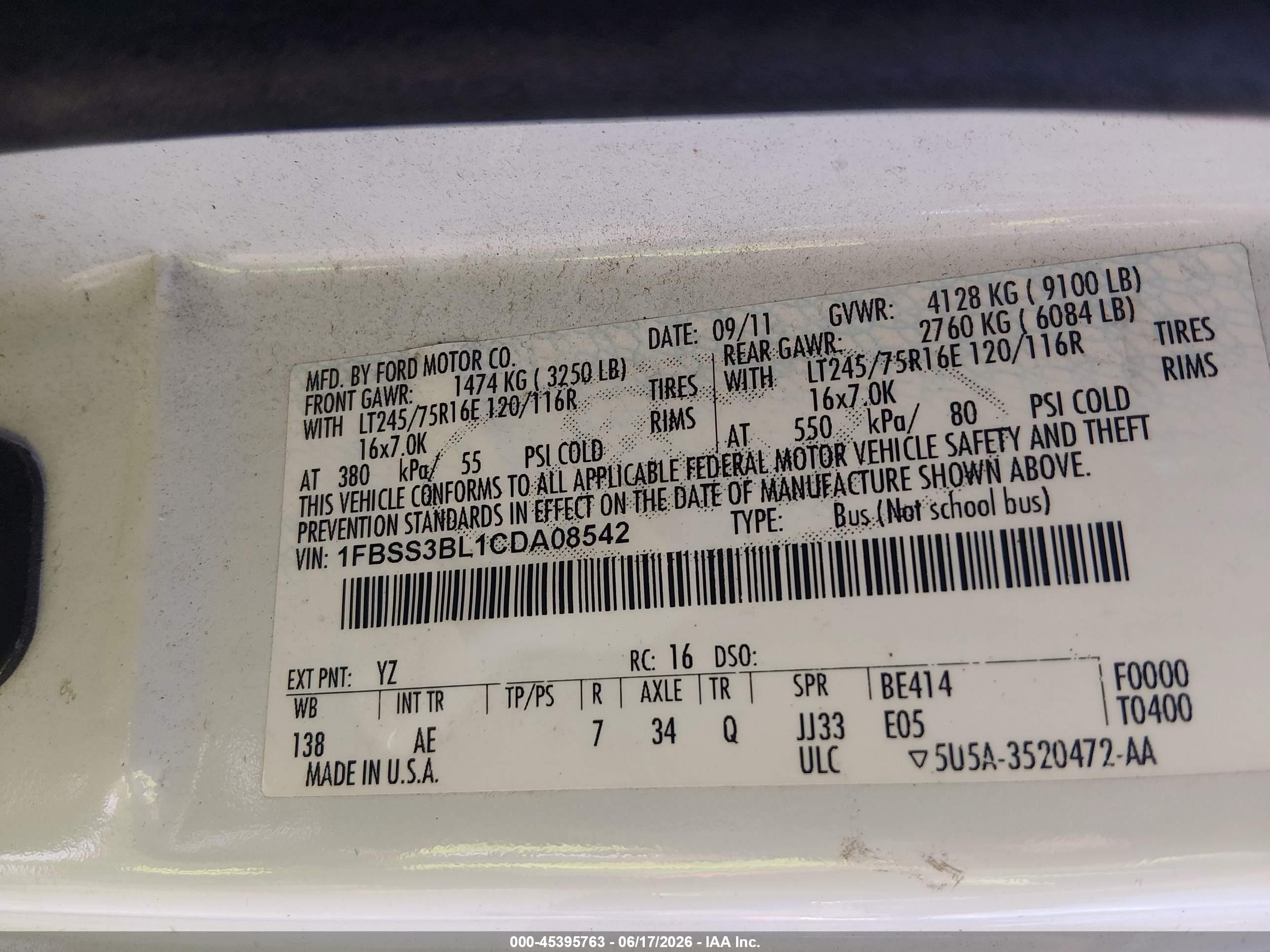 2012 Ford E-350 Super Duty Xl White vin: 1FBSS3BL1CDA08542
