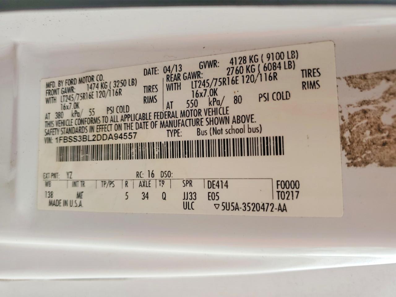 2013 Ford Econoline E350 Super Duty Wagon White vin: 1FBSS3BL2DDA94557