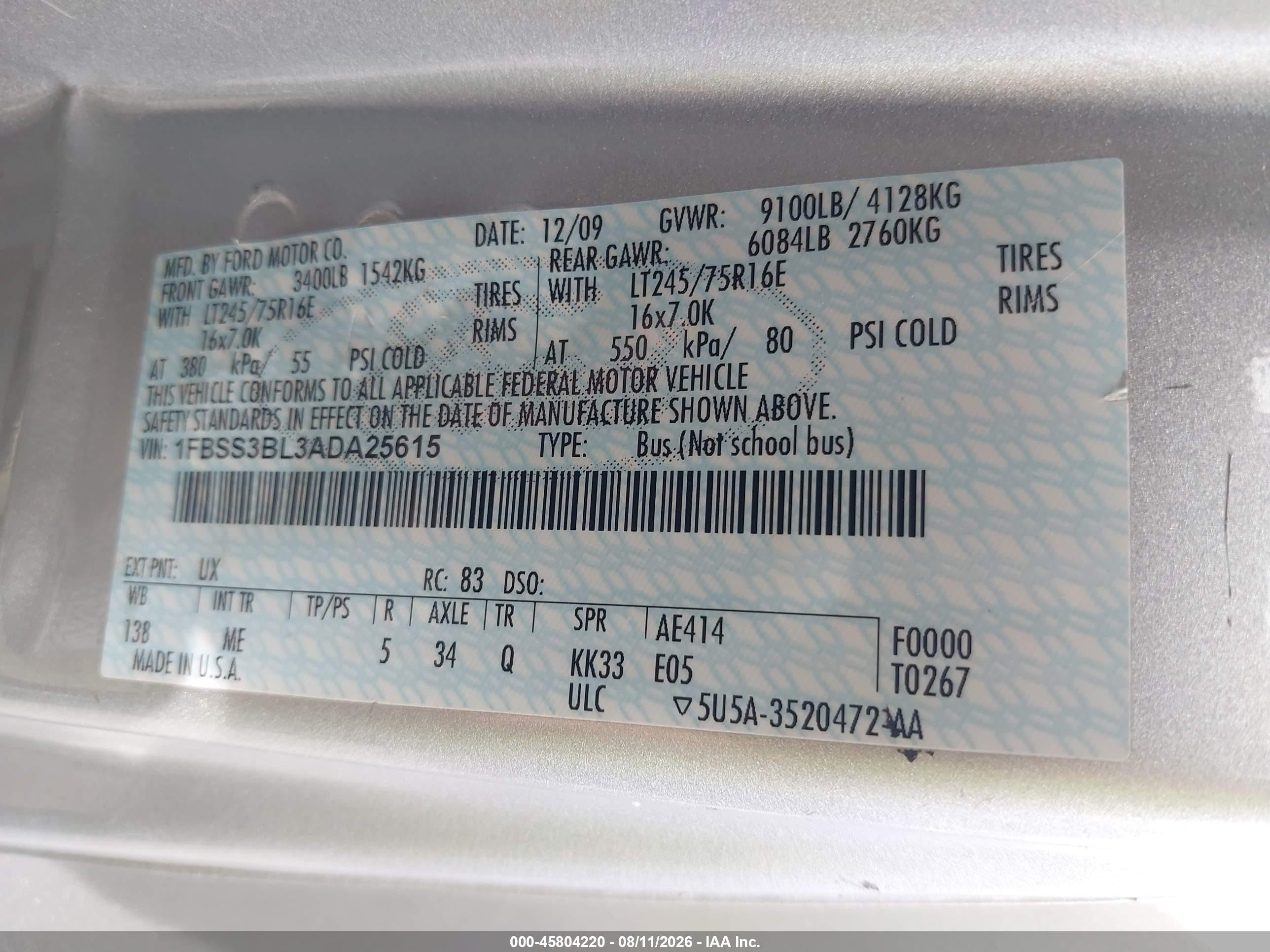 2010 Ford E-350 Super Duty Xl/xlt Silver vin: 1FBSS3BL3ADA25615