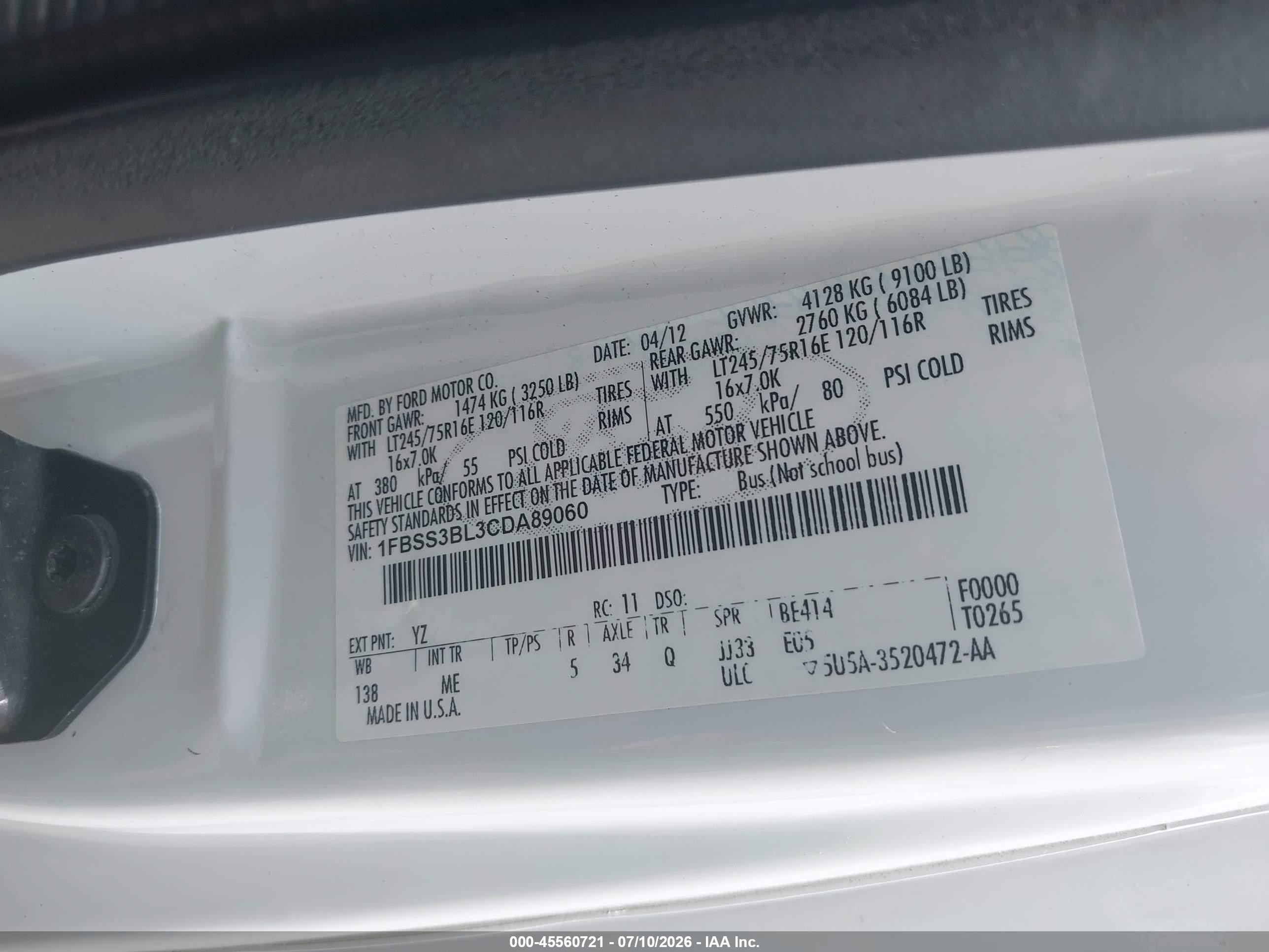 2012 Ford E-350 Super Duty Xl/xlt White vin: 1FBSS3BL3CDA89060