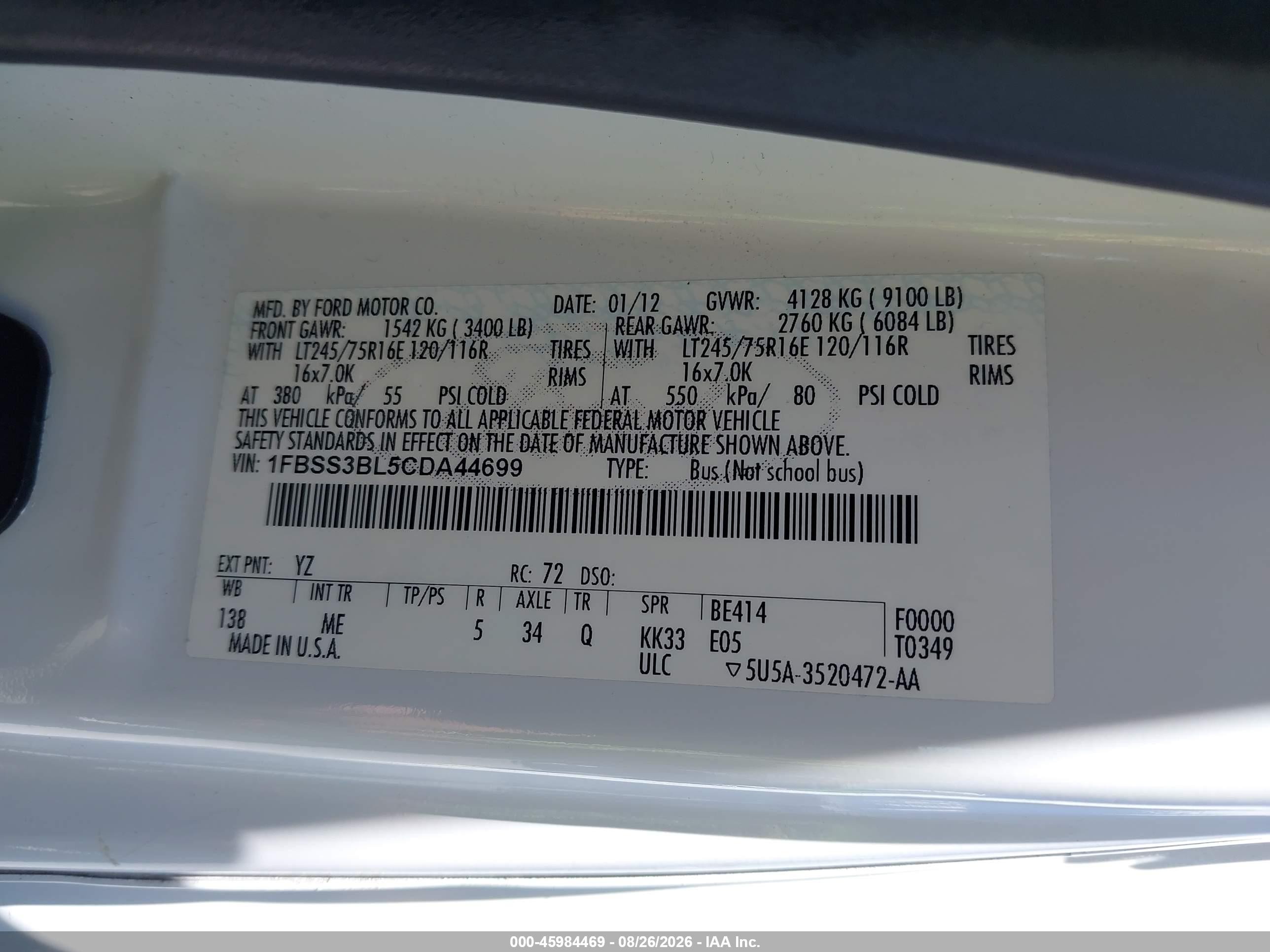 2012 Ford E-350 Super Duty Xlt White vin: 1FBSS3BL5CDA44699