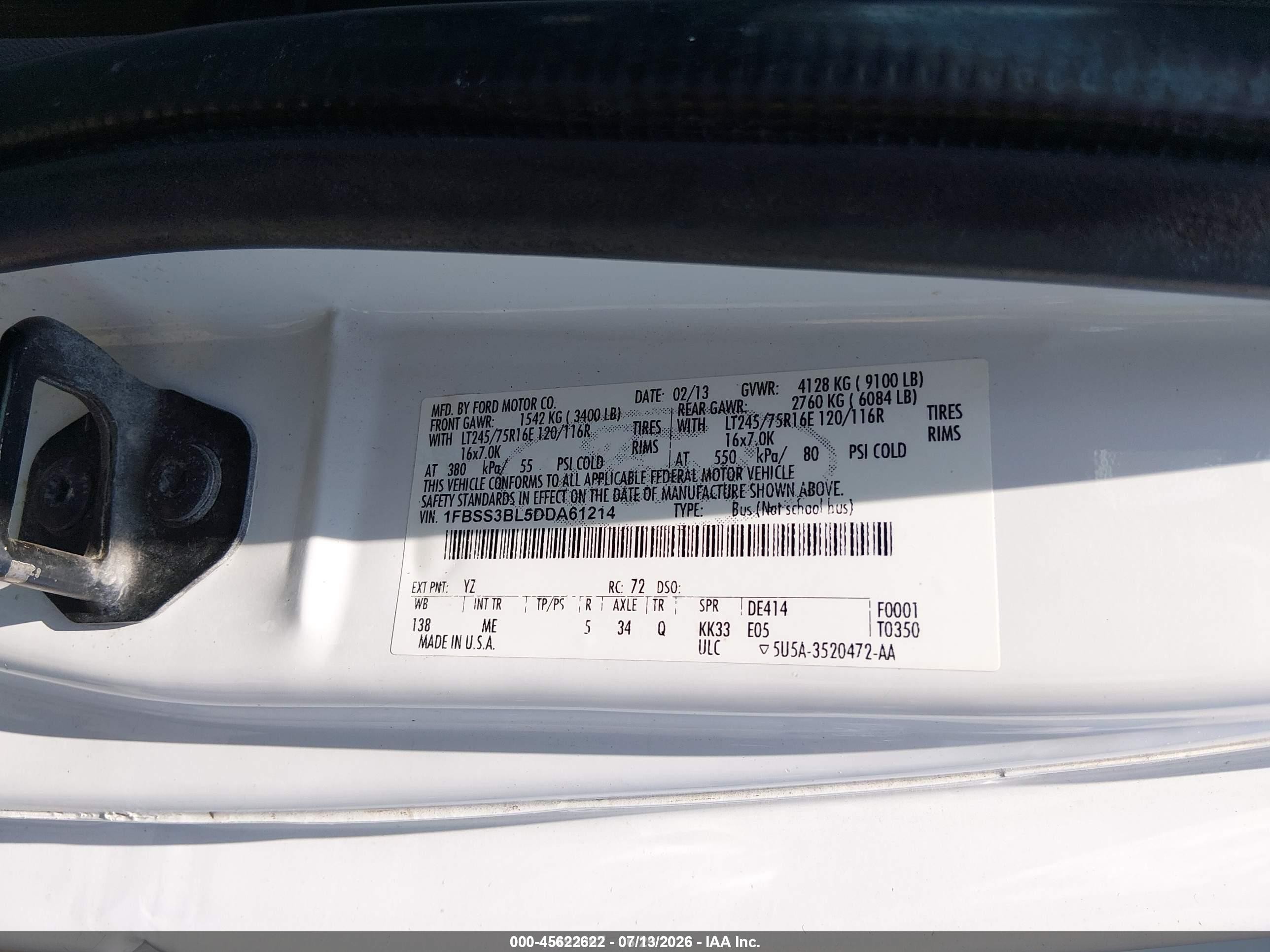 2013 Ford E-350 Super Duty Xl/xlt White vin: 1FBSS3BL5DDA61214