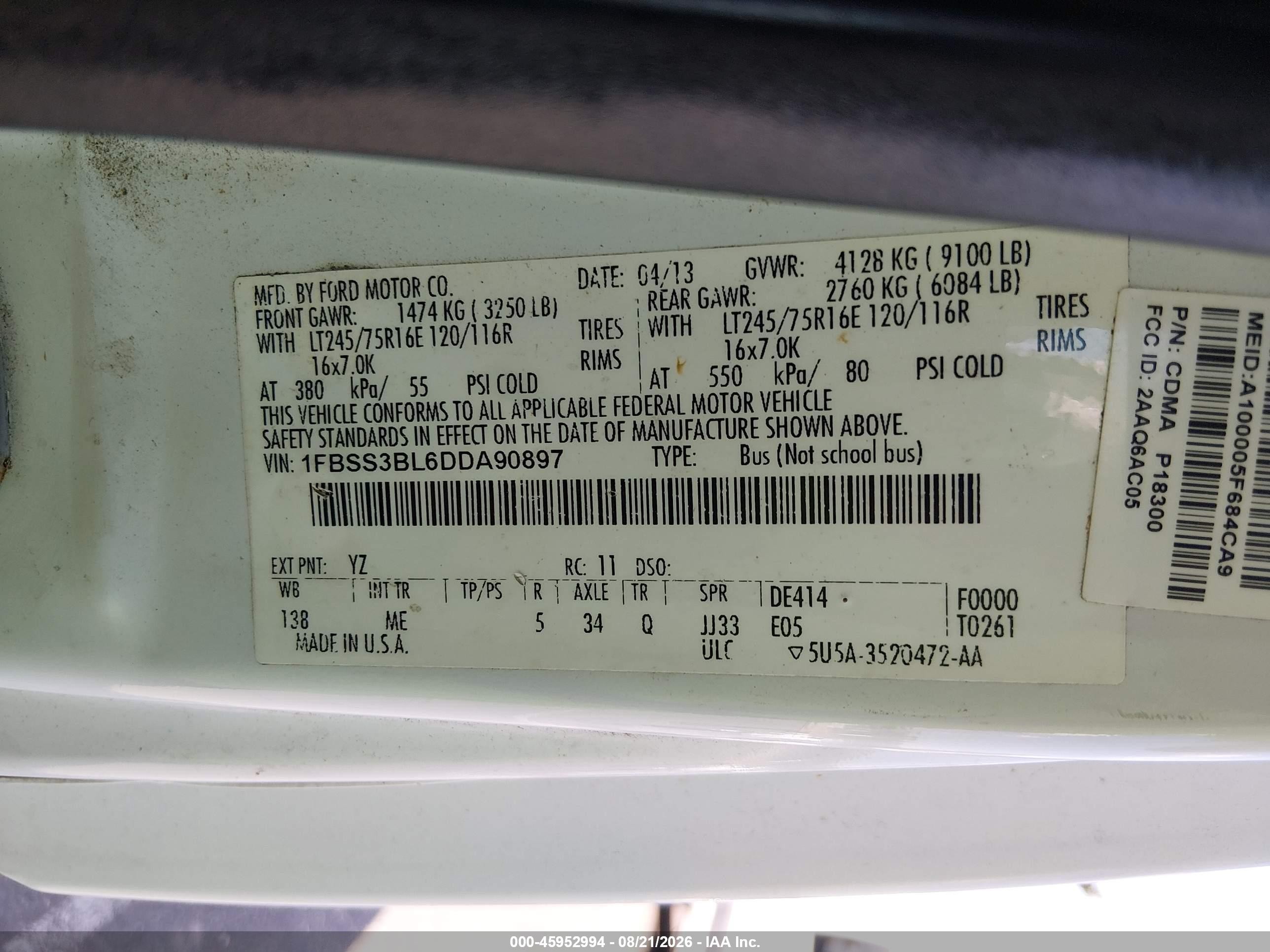 2013 Ford E-350 Super Duty Xlt White vin: 1FBSS3BL6DDA90897