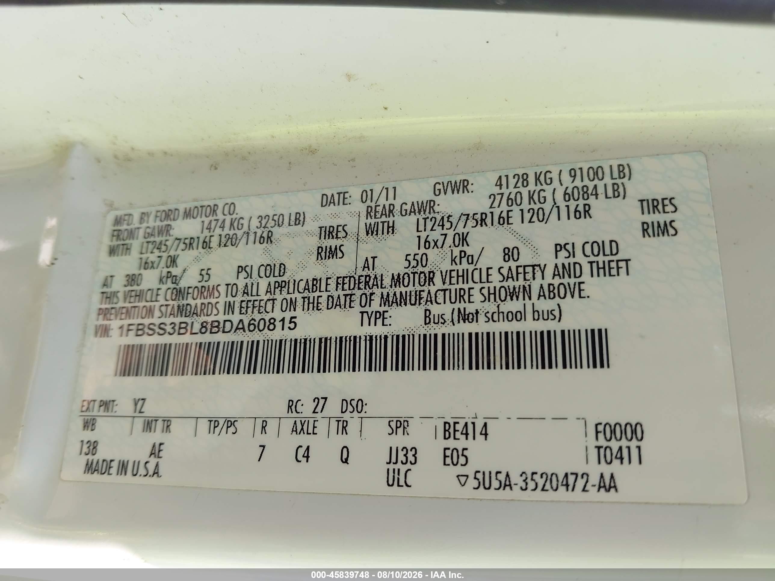 2011 Ford E-350 Super Duty Xl White vin: 1FBSS3BL8BDA60815