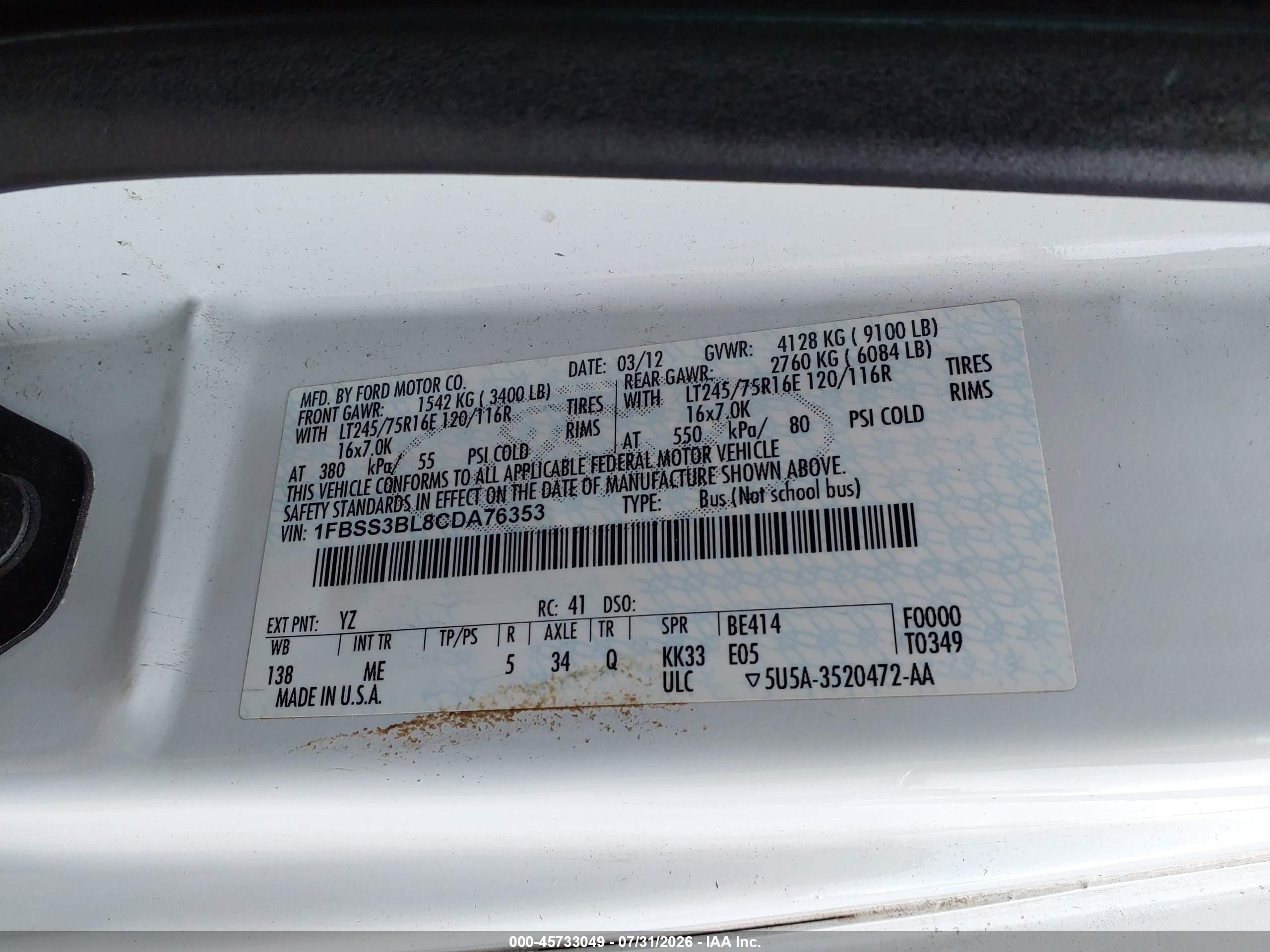 2012 Ford E-350 Super Duty Xlt White vin: 1FBSS3BL8CDA76353