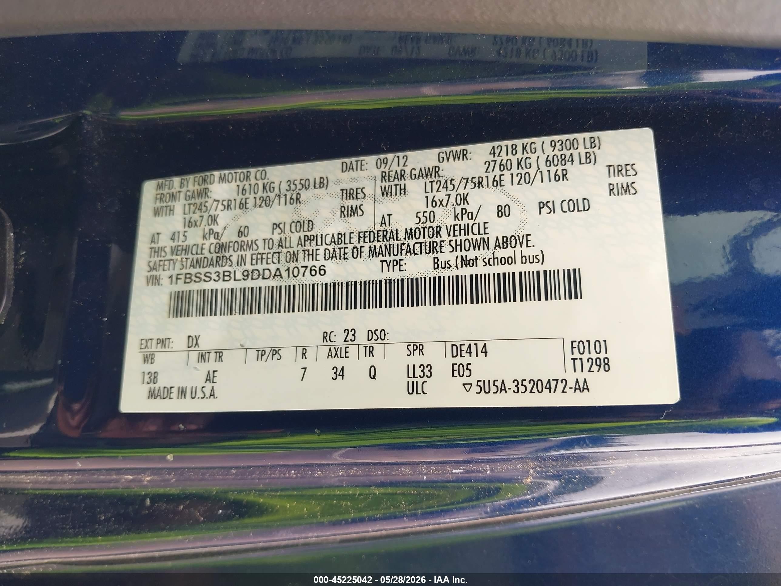 2013 Ford E-350 Super Duty Xl Blue vin: 1FBSS3BL9DDA10766