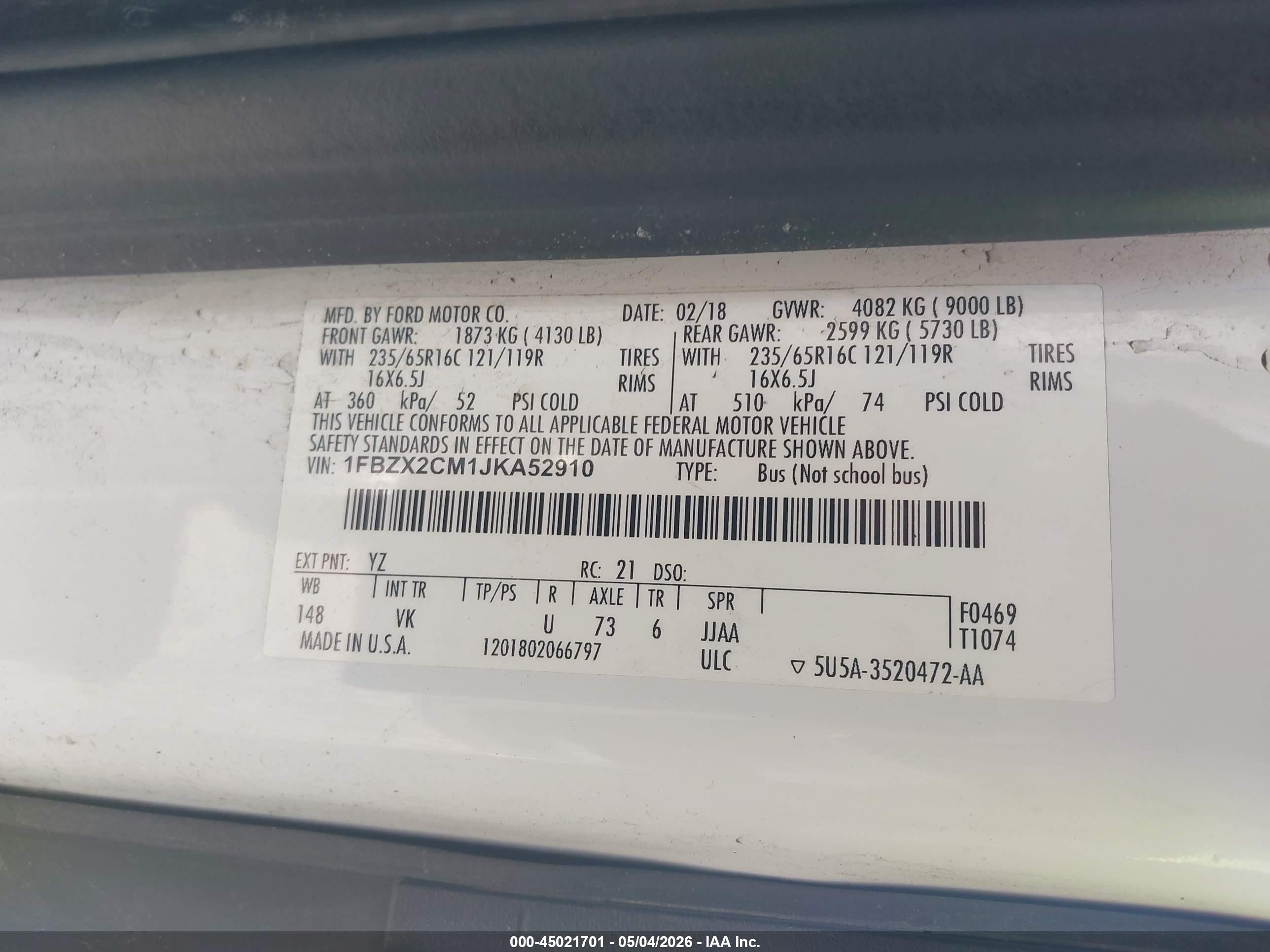 2018 Ford Transit-350 Xl White vin: 1FBZX2CM1JKA52910