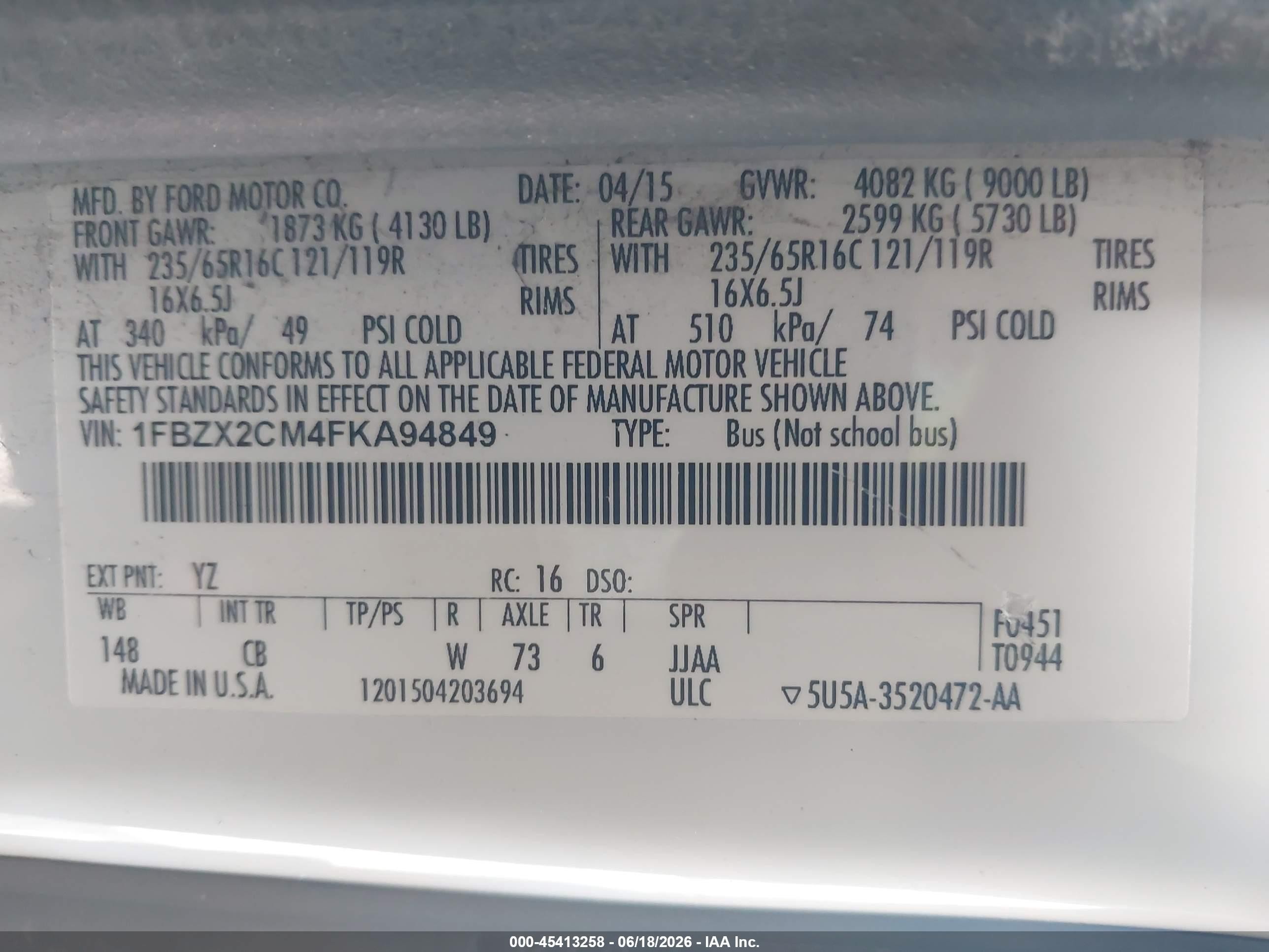 2015 Ford Transit-350 Xlt White vin: 1FBZX2CM4FKA94849