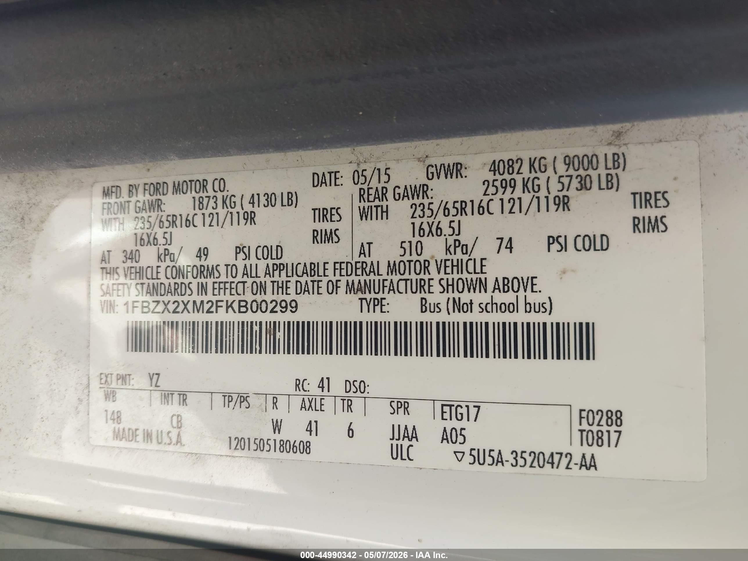 2015 Ford Transit-350 Xlt White vin: 1FBZX2XM2FKB00299