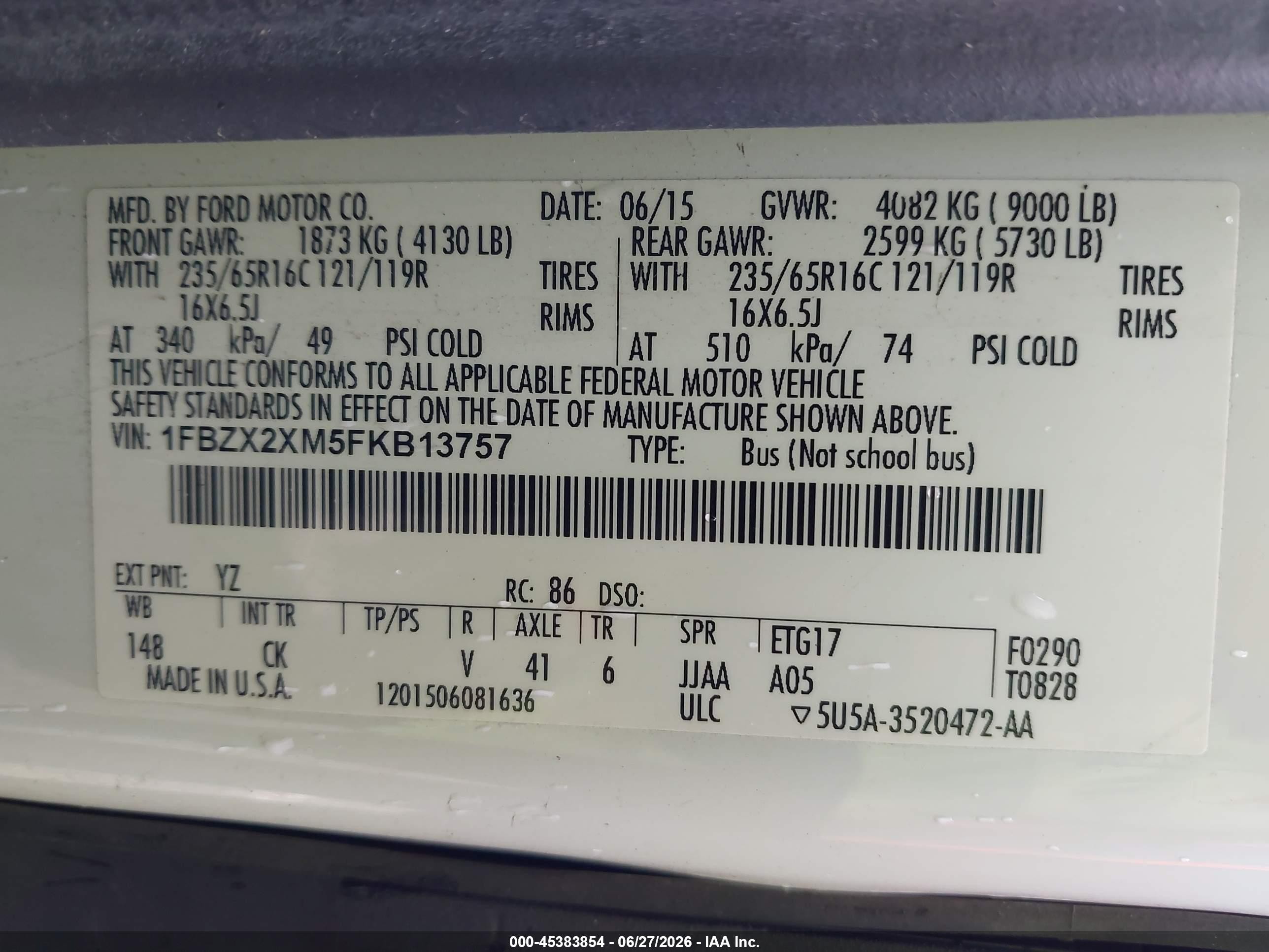 2015 Ford Transit-350 Xlt White vin: 1FBZX2XM5FKB13757