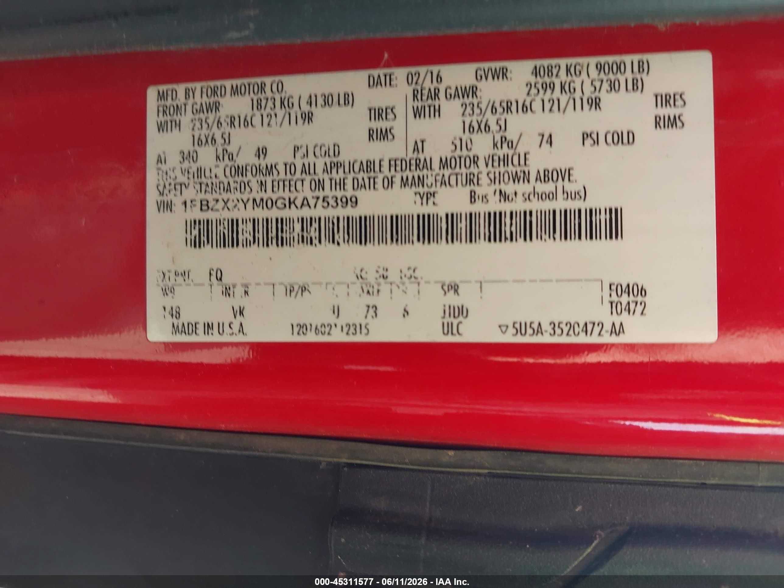 2016 Ford Transit-350 Xl Red vin: 1FBZX2YM0GKA75399
