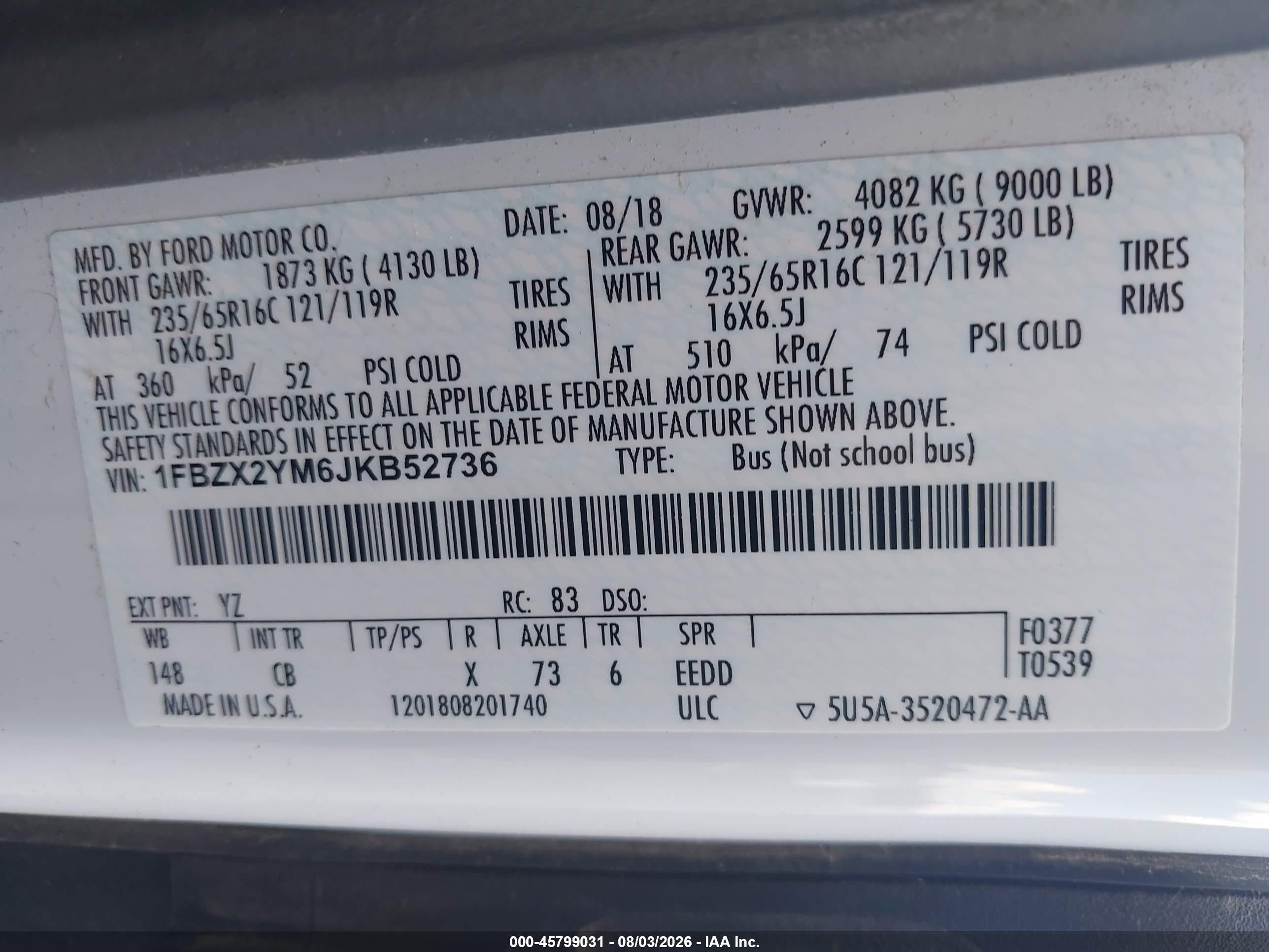2018 Ford Transit-350 Xl Белый vin: 1FBZX2YM6JKB52736