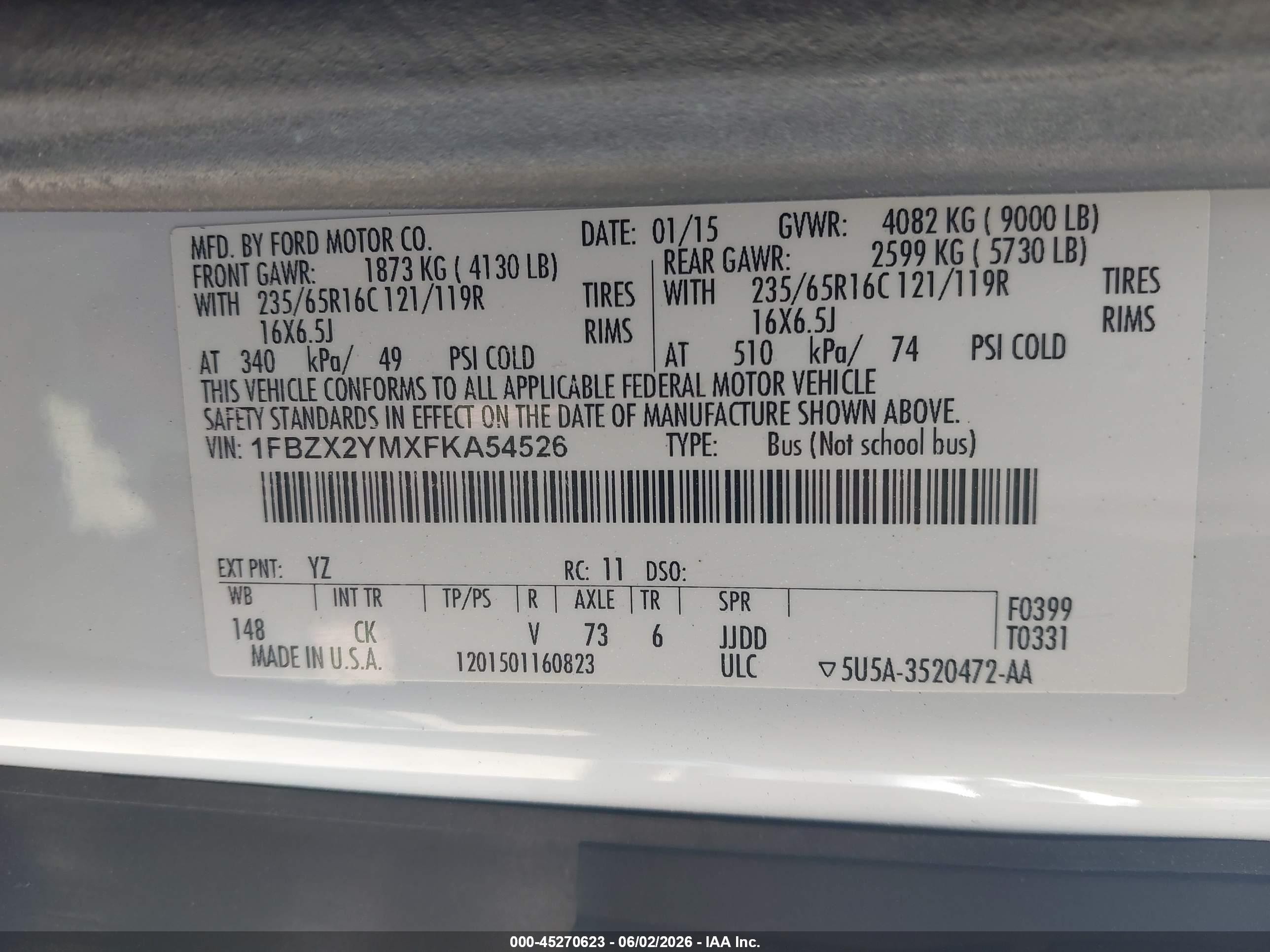 2015 Ford Transit-350 Xlt White vin: 1FBZX2YMXFKA54526