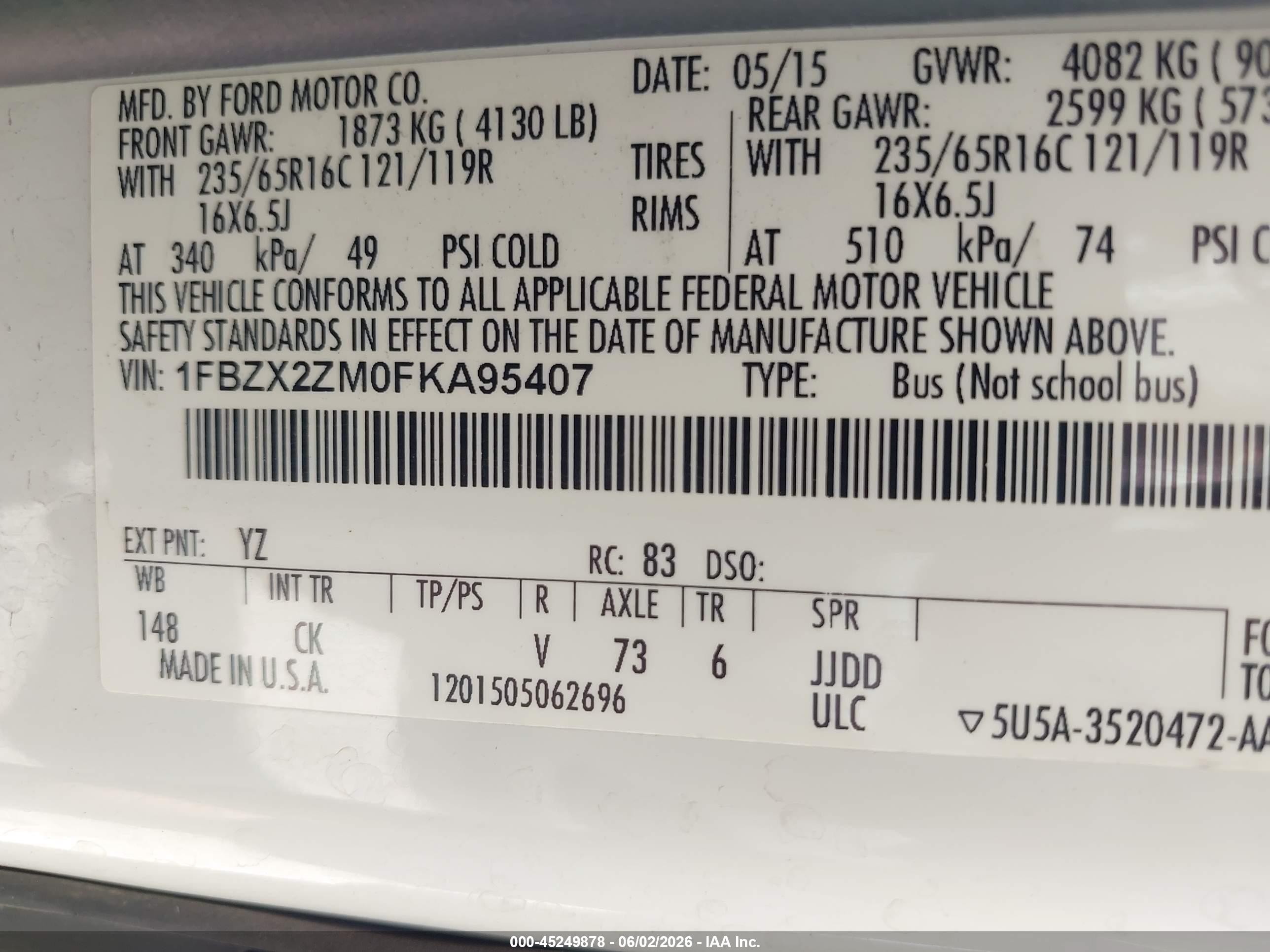 2015 Ford Transit-350 Xlt White vin: 1FBZX2ZM0FKA95407