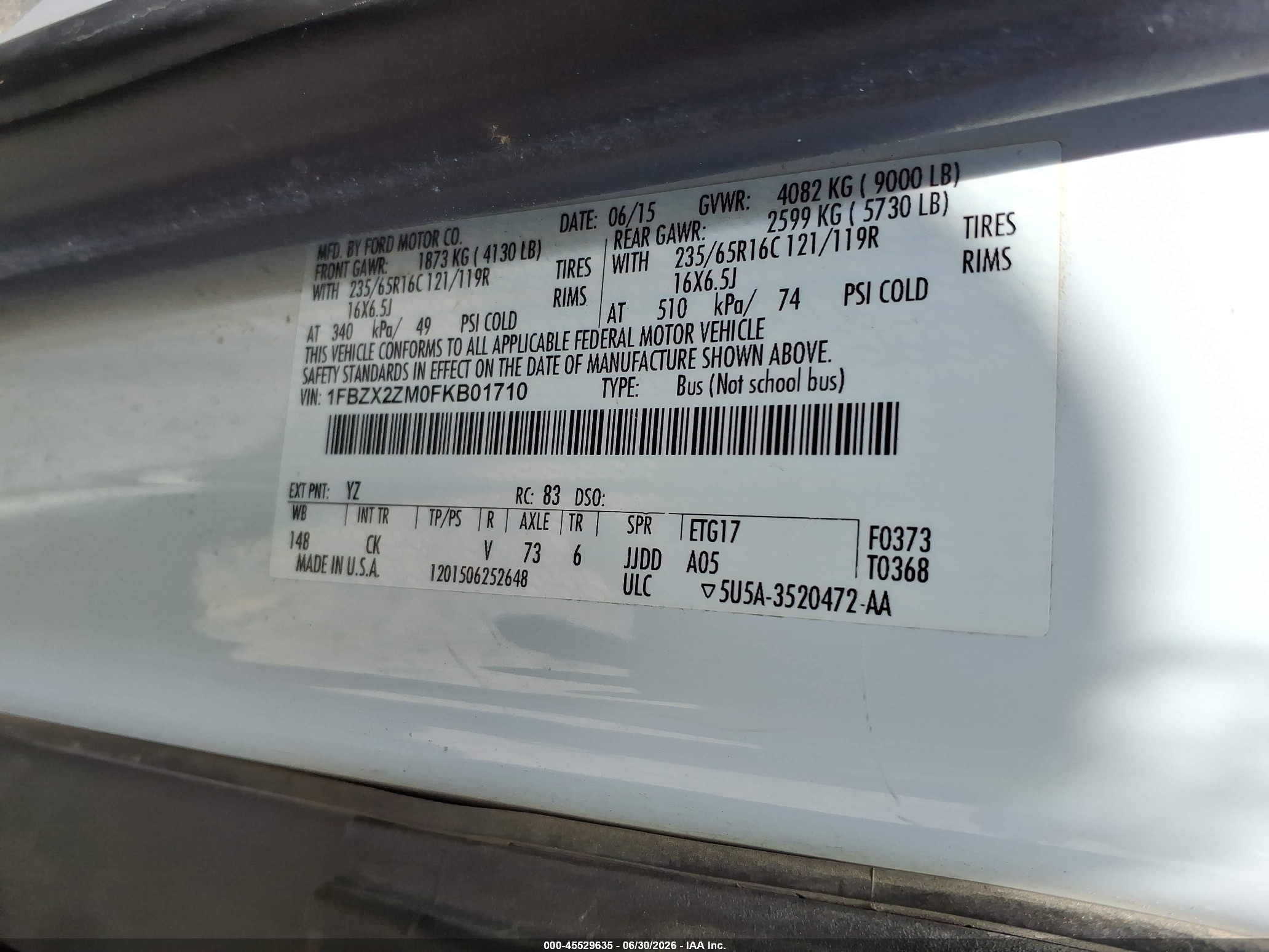 2015 Ford Transit-350 Xl/xlt White vin: 1FBZX2ZM0FKB01710