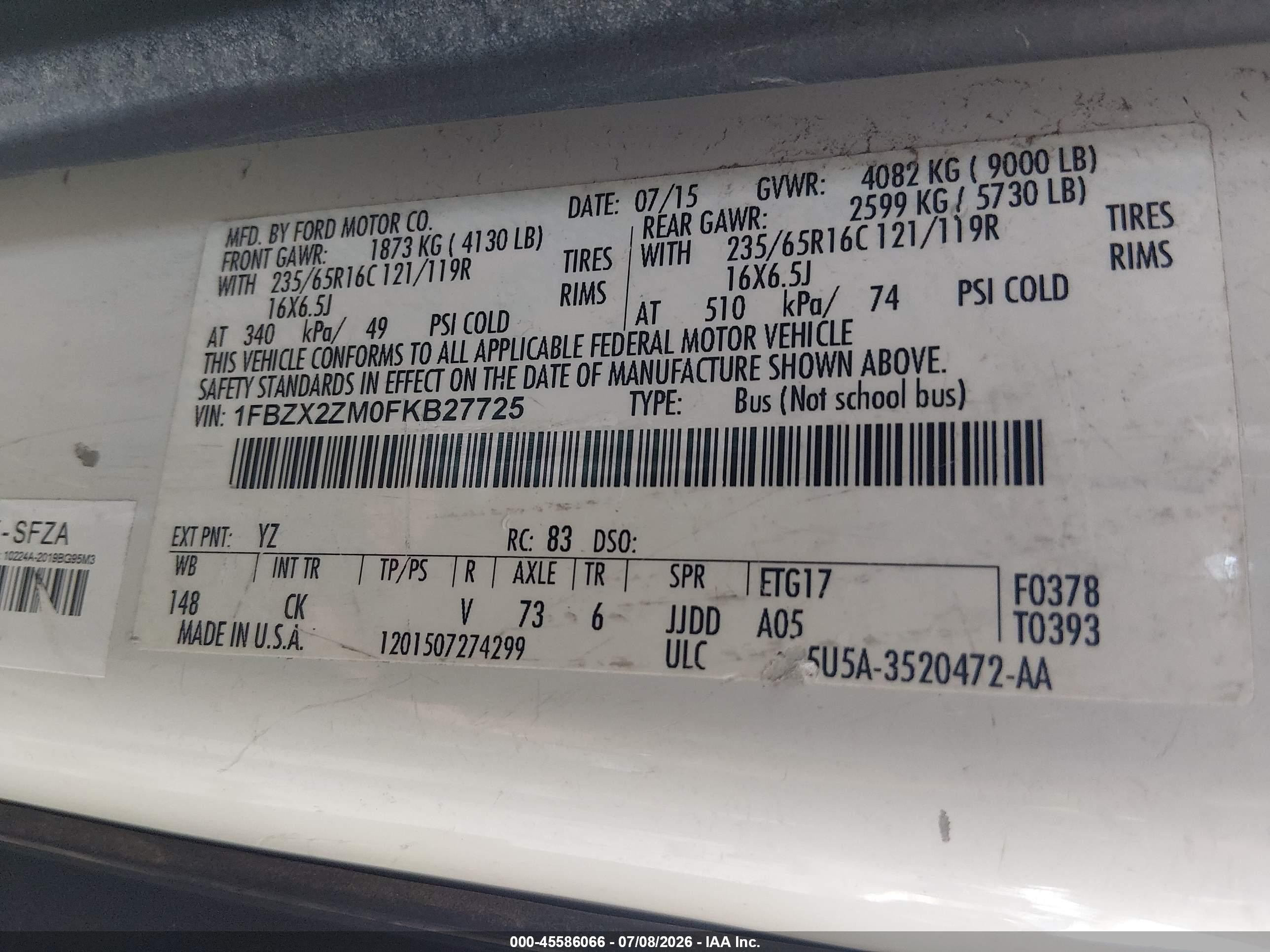 2015 Ford Transit-350 Xlt White vin: 1FBZX2ZM0FKB27725