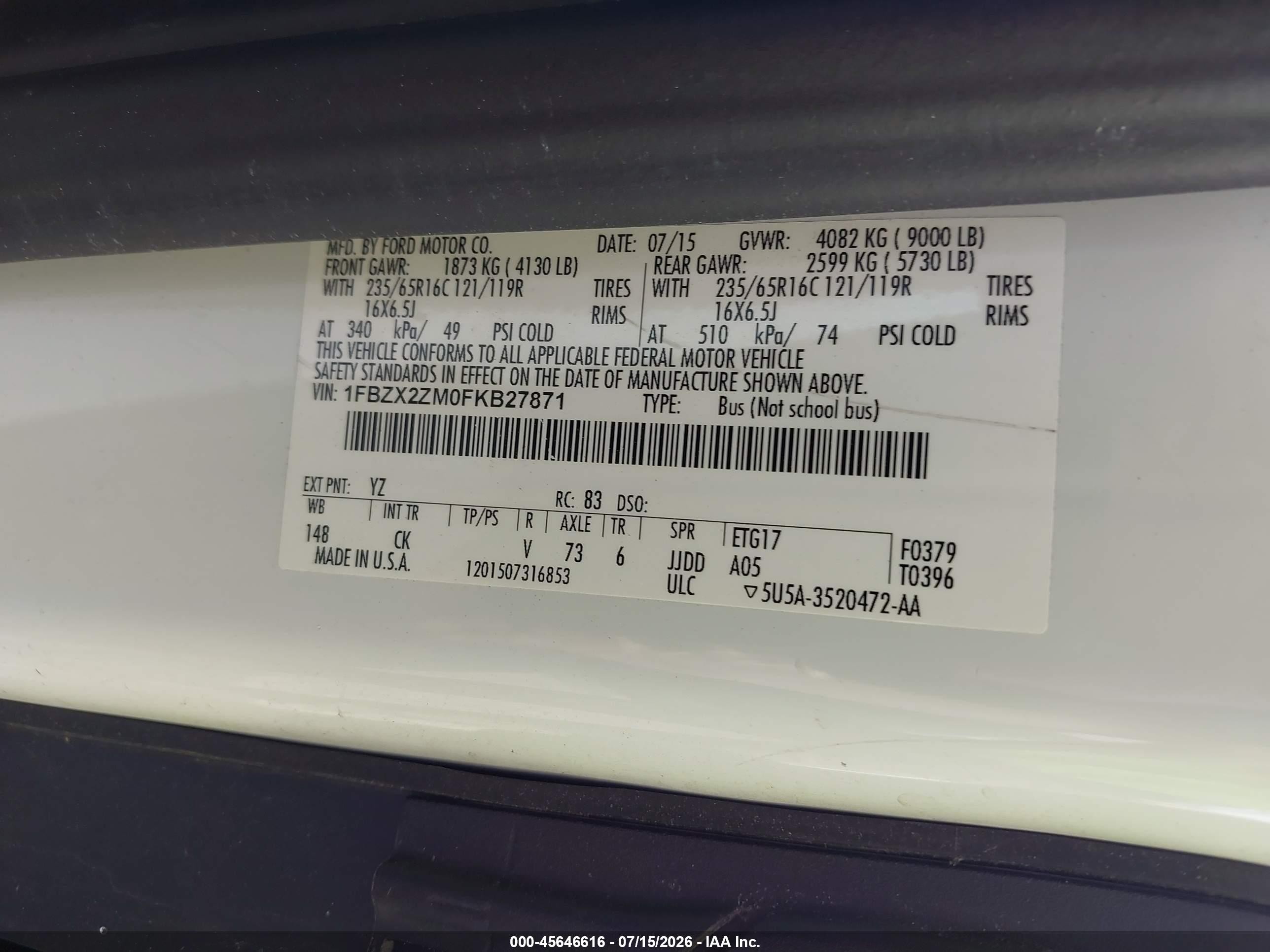 2015 Ford Transit-350 Xlt White vin: 1FBZX2ZM0FKB27871