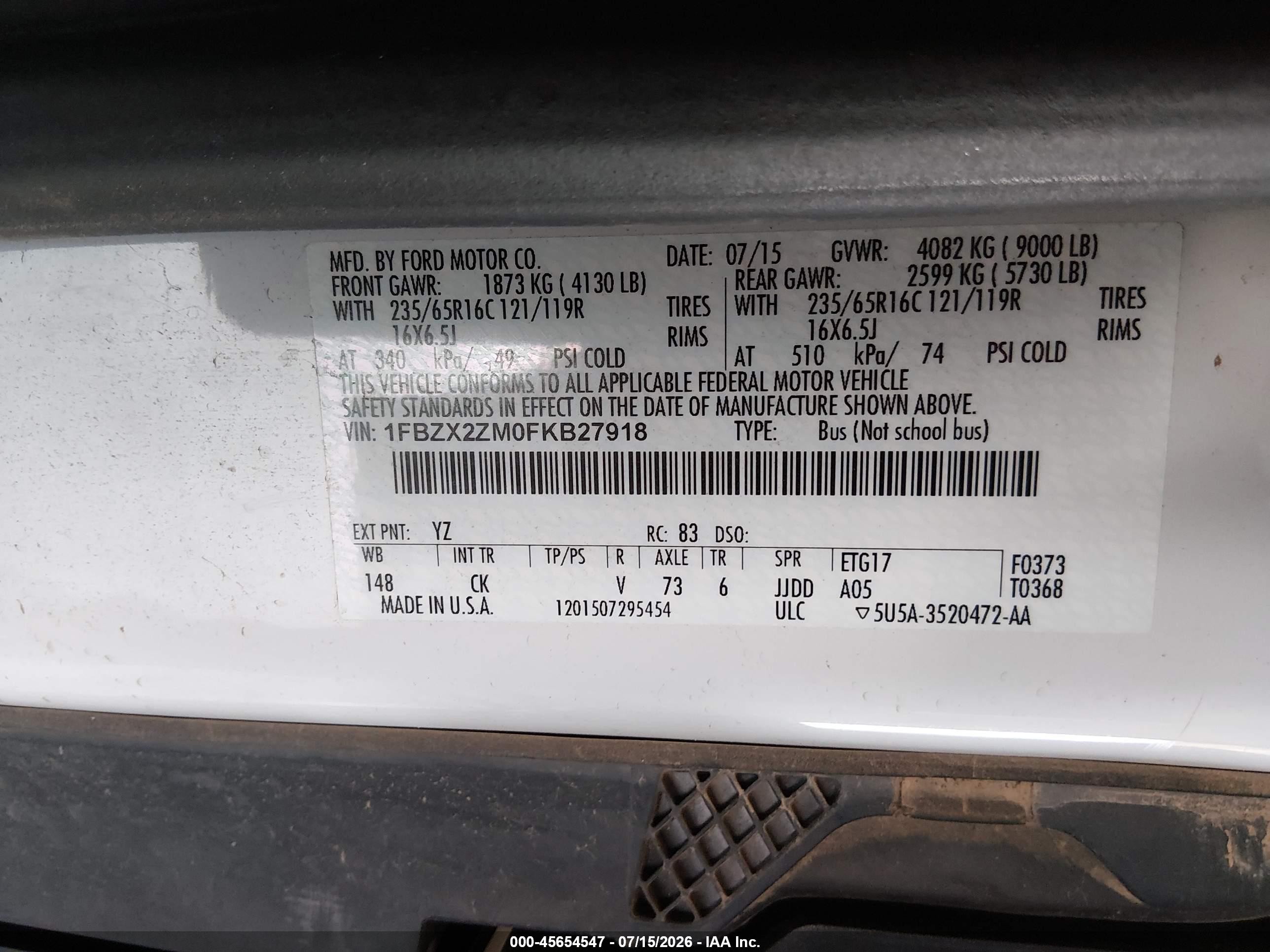 2015 Ford Transit-350 Xlt White vin: 1FBZX2ZM0FKB27918