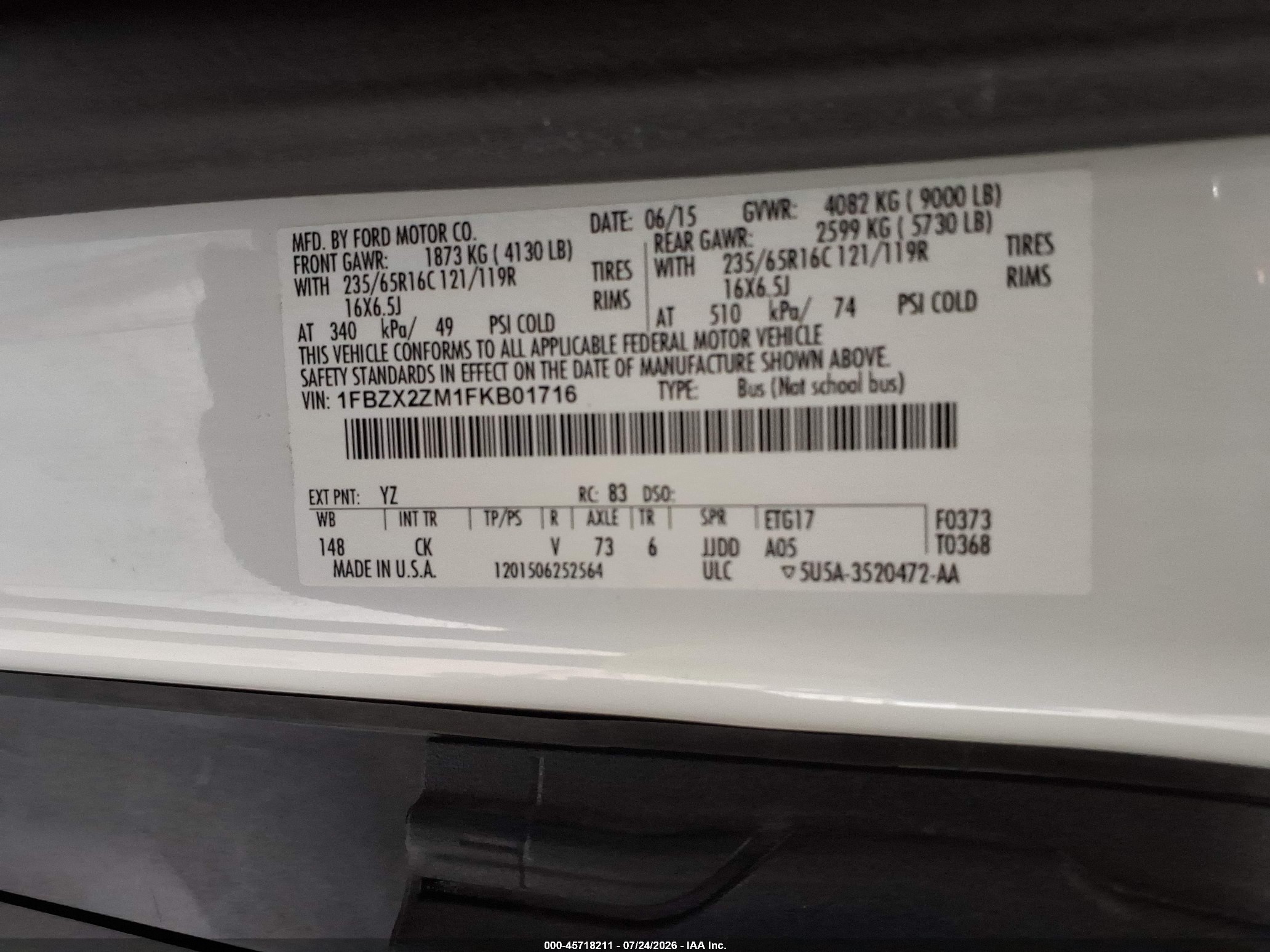 2015 Ford Transit-350 Xlt White vin: 1FBZX2ZM1FKB01716