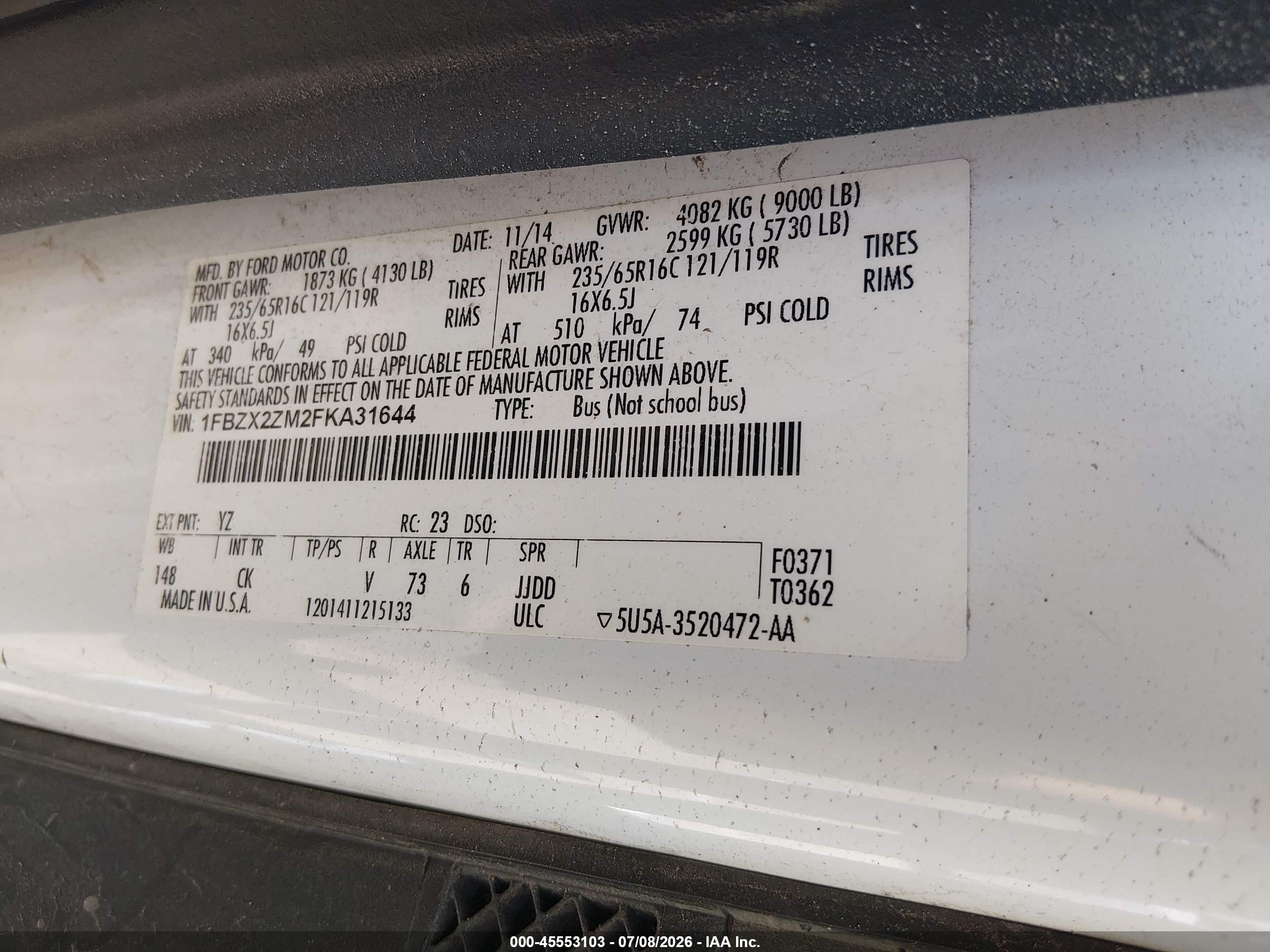2015 Ford Transit-350 Xlt White vin: 1FBZX2ZM2FKA31644