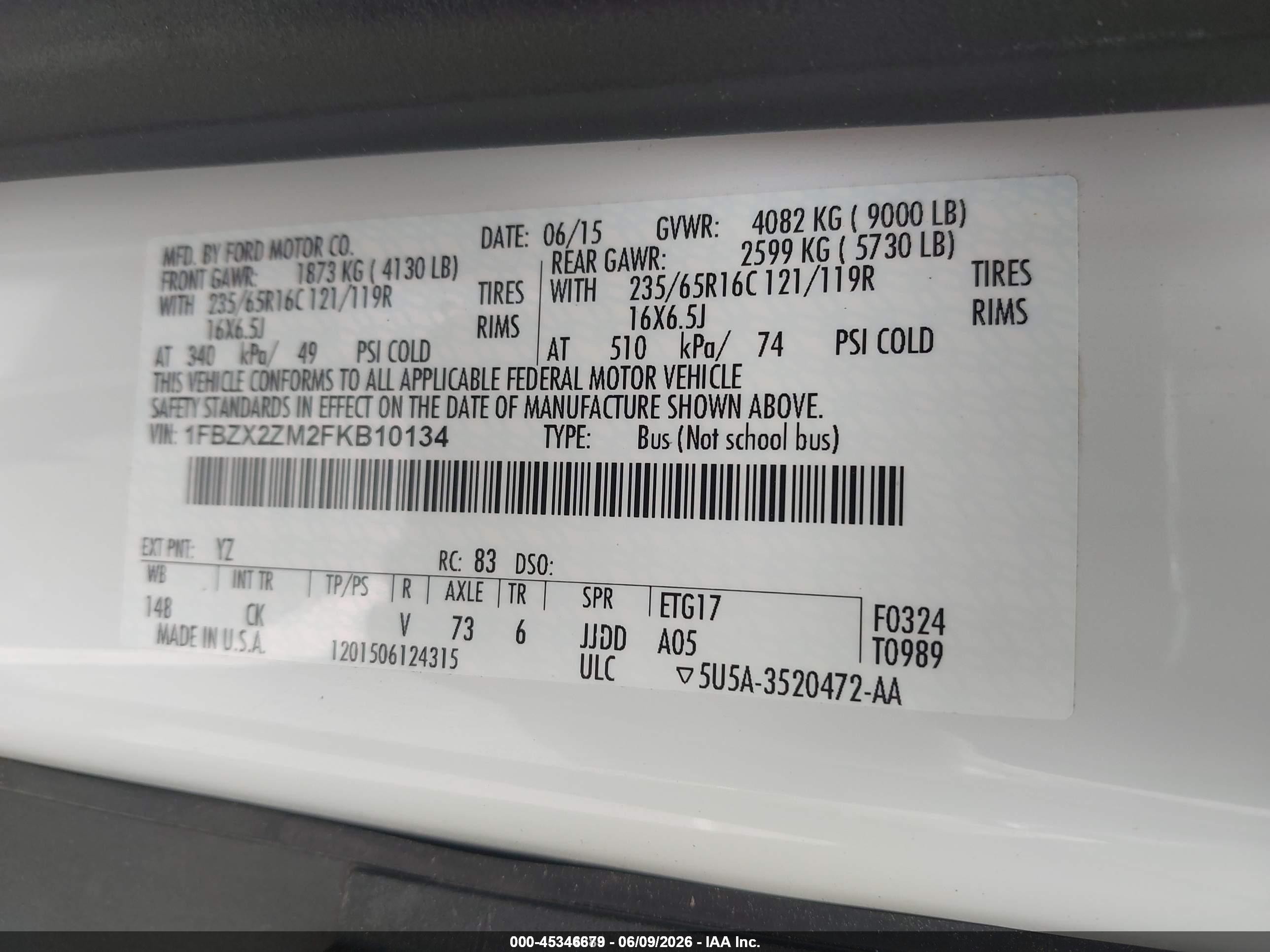 2015 Ford Transit-350 Xlt White vin: 1FBZX2ZM2FKB10134