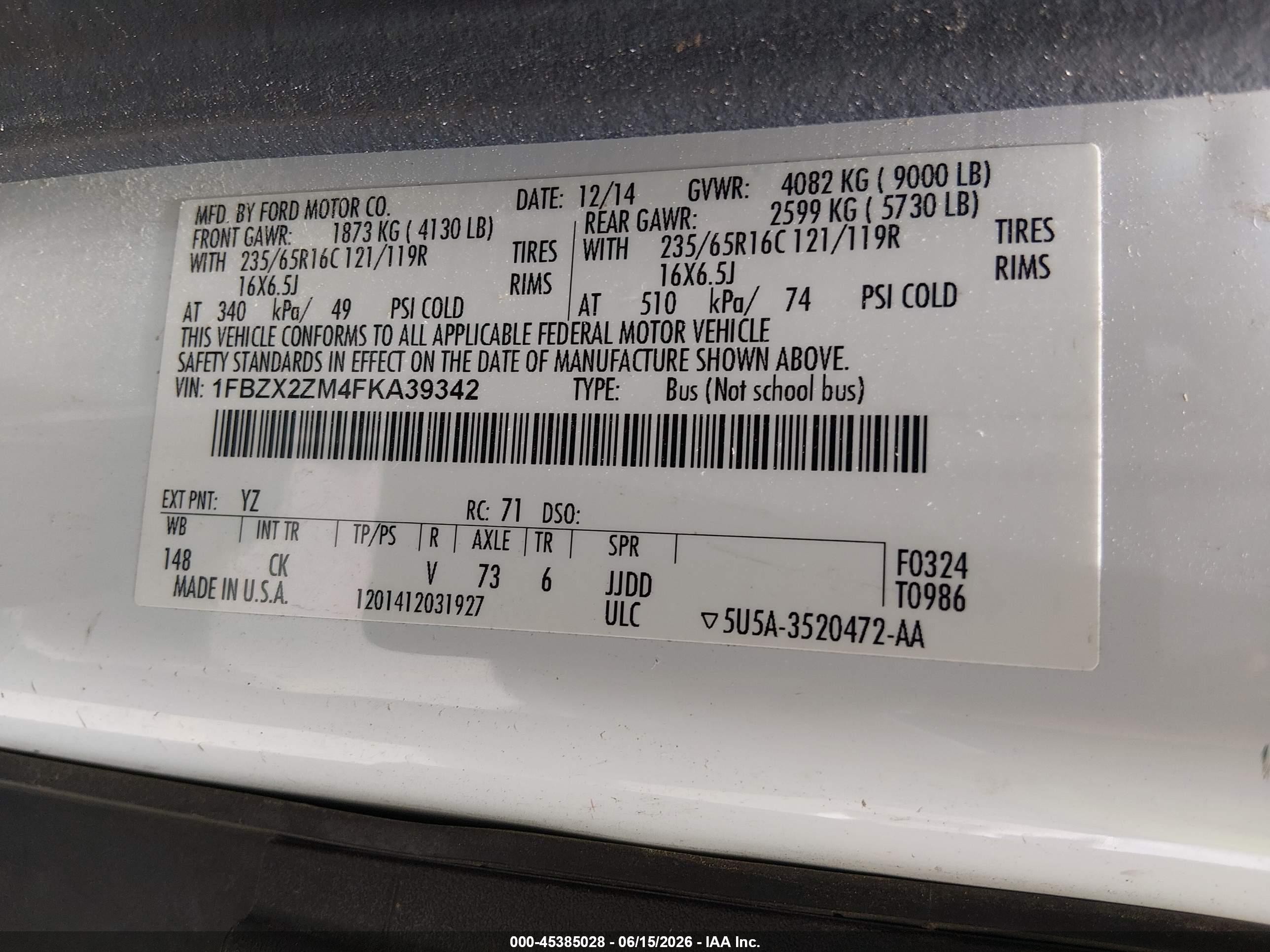 2015 Ford Transit-350 Xlt White vin: 1FBZX2ZM4FKA39342