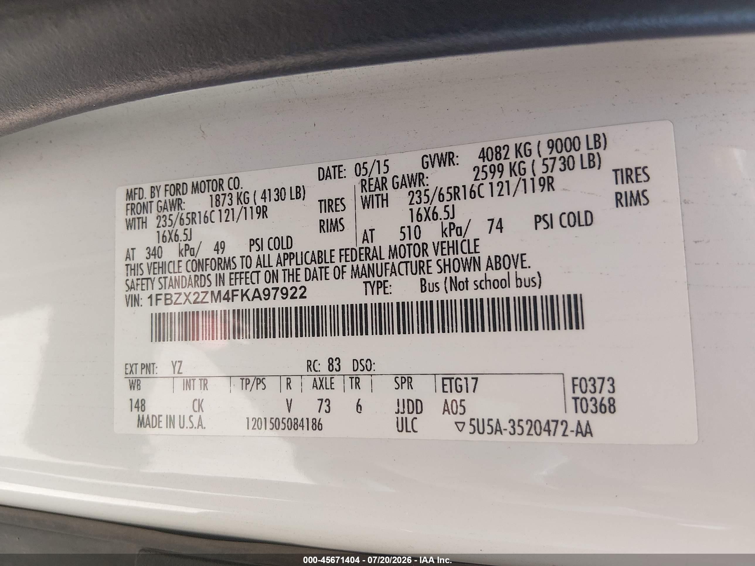 2015 Ford Transit-350 Xlt White vin: 1FBZX2ZM4FKA97922