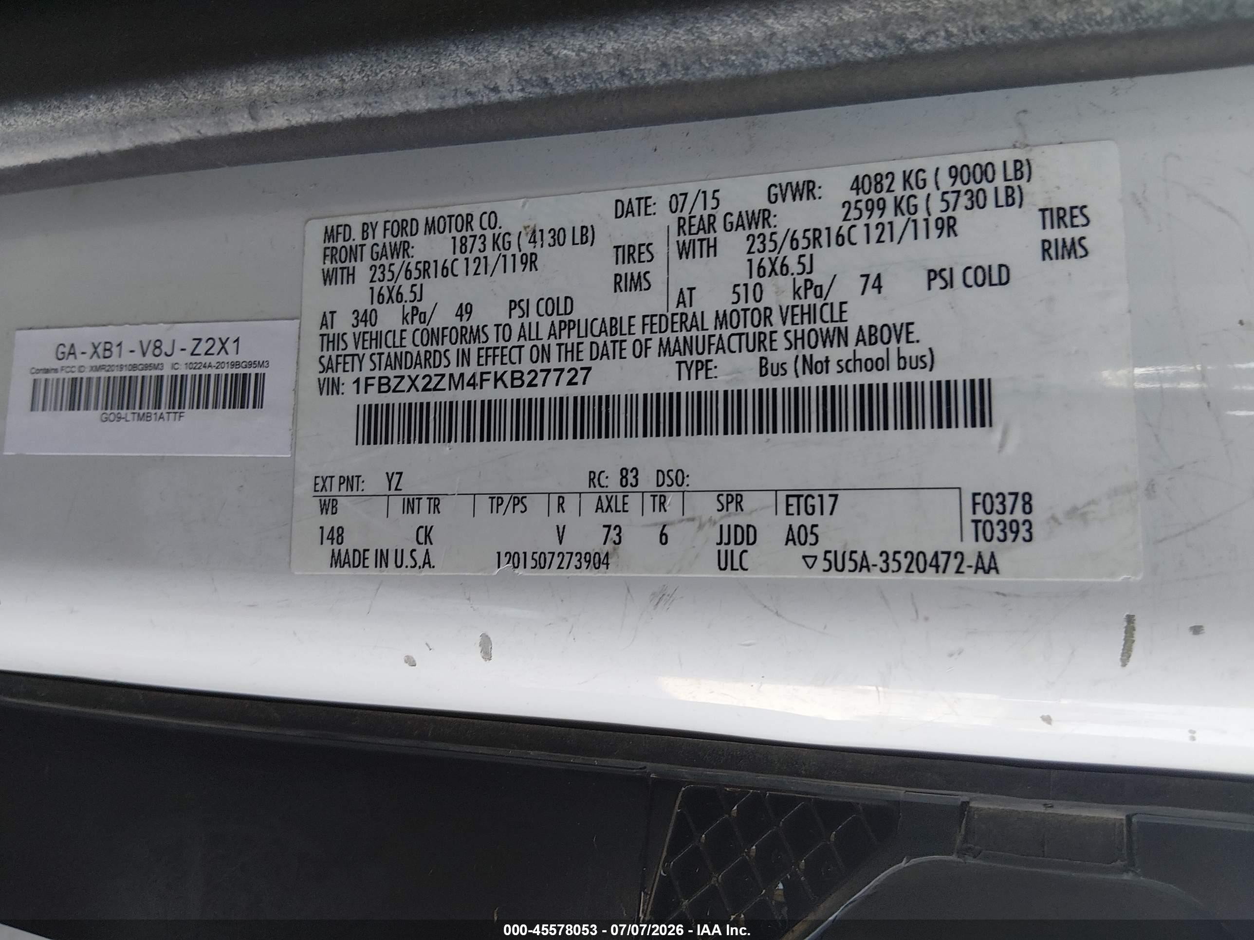 2015 Ford Transit-350 Xlt White vin: 1FBZX2ZM4FKB27727