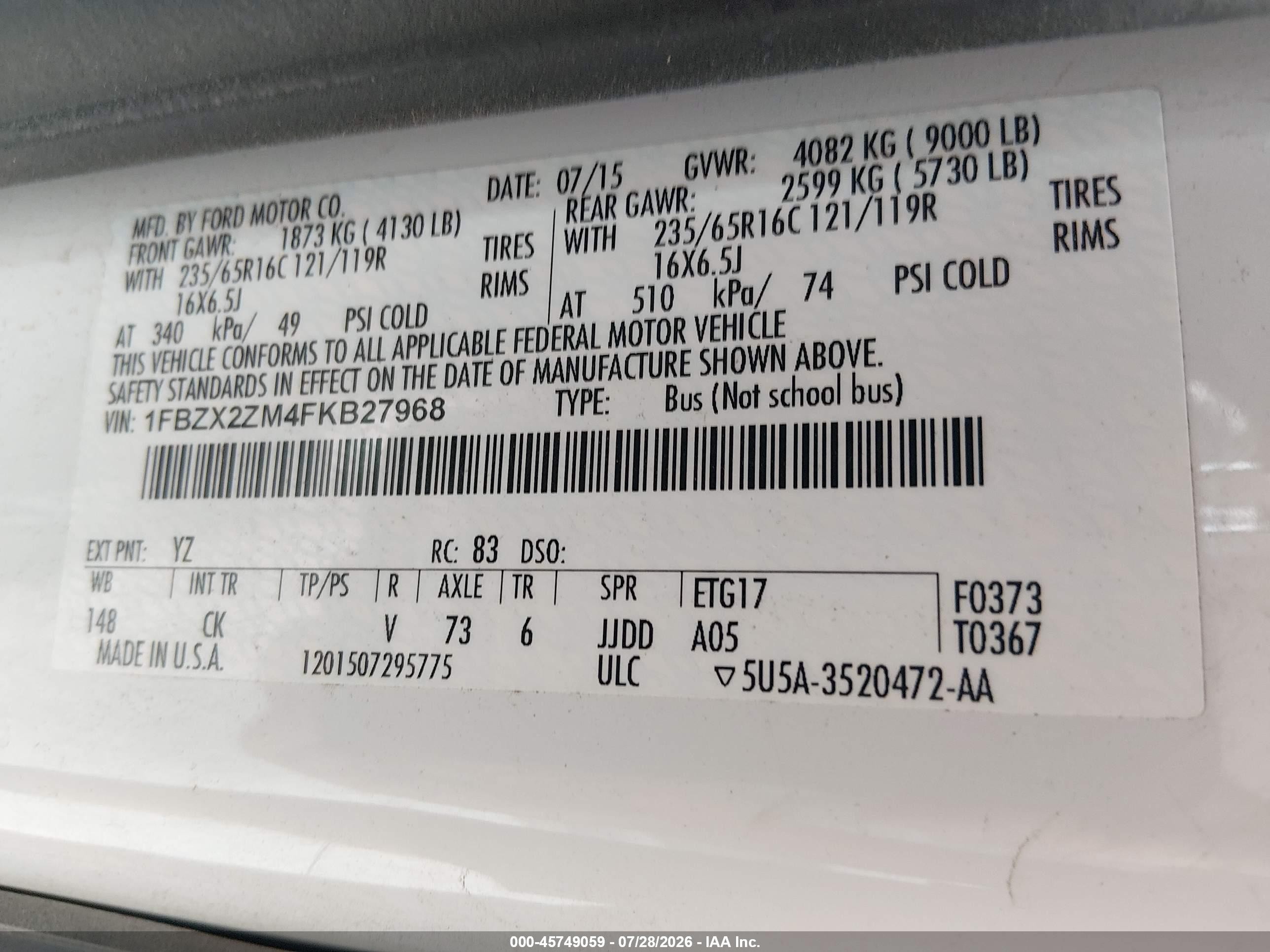2015 Ford Transit-350 Xlt White vin: 1FBZX2ZM4FKB27968