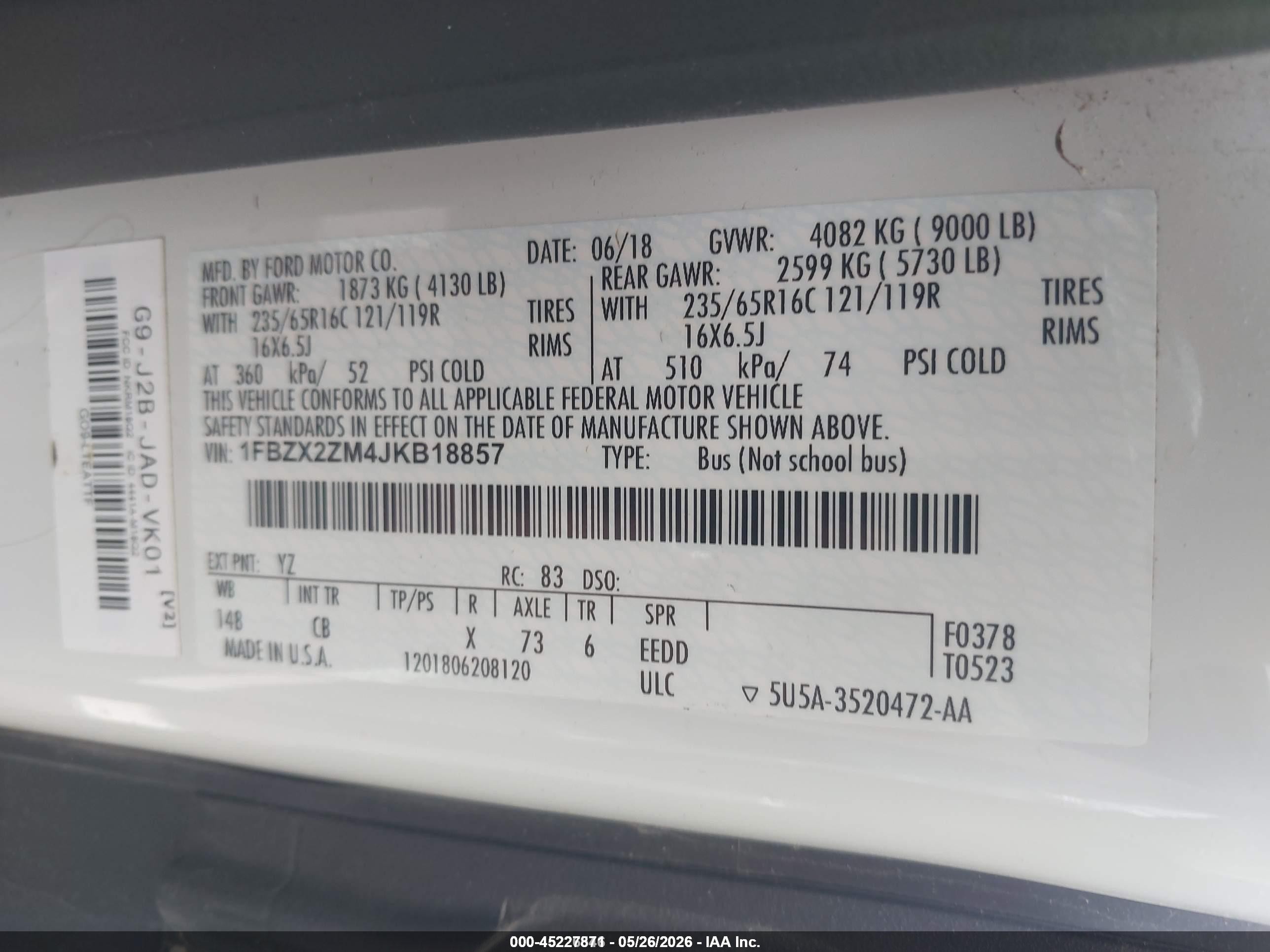 2018 Ford Transit-350 Xl White vin: 1FBZX2ZM4JKB18857