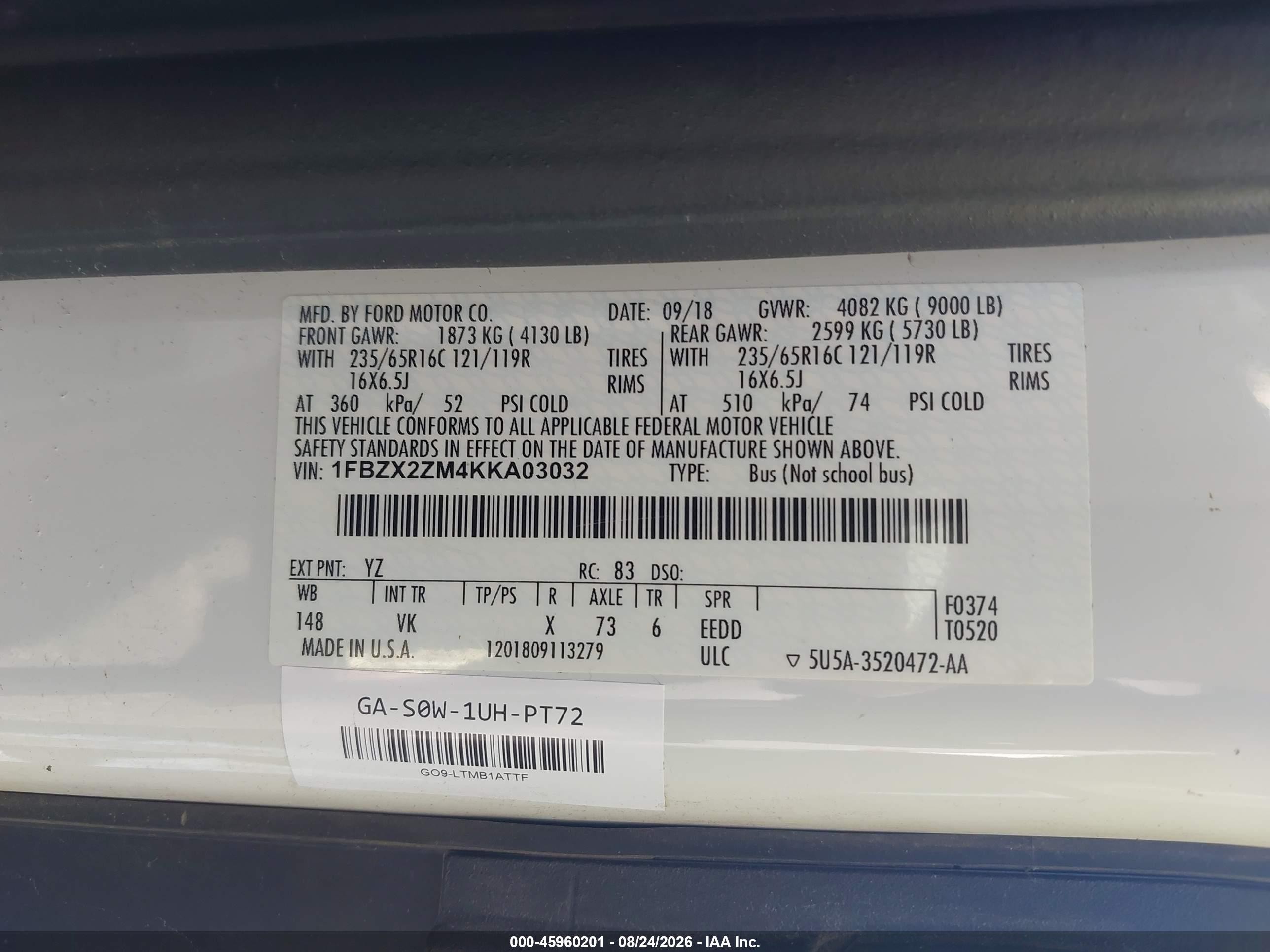 2019 Ford Transit-350 Xl White vin: 1FBZX2ZM4KKA03032