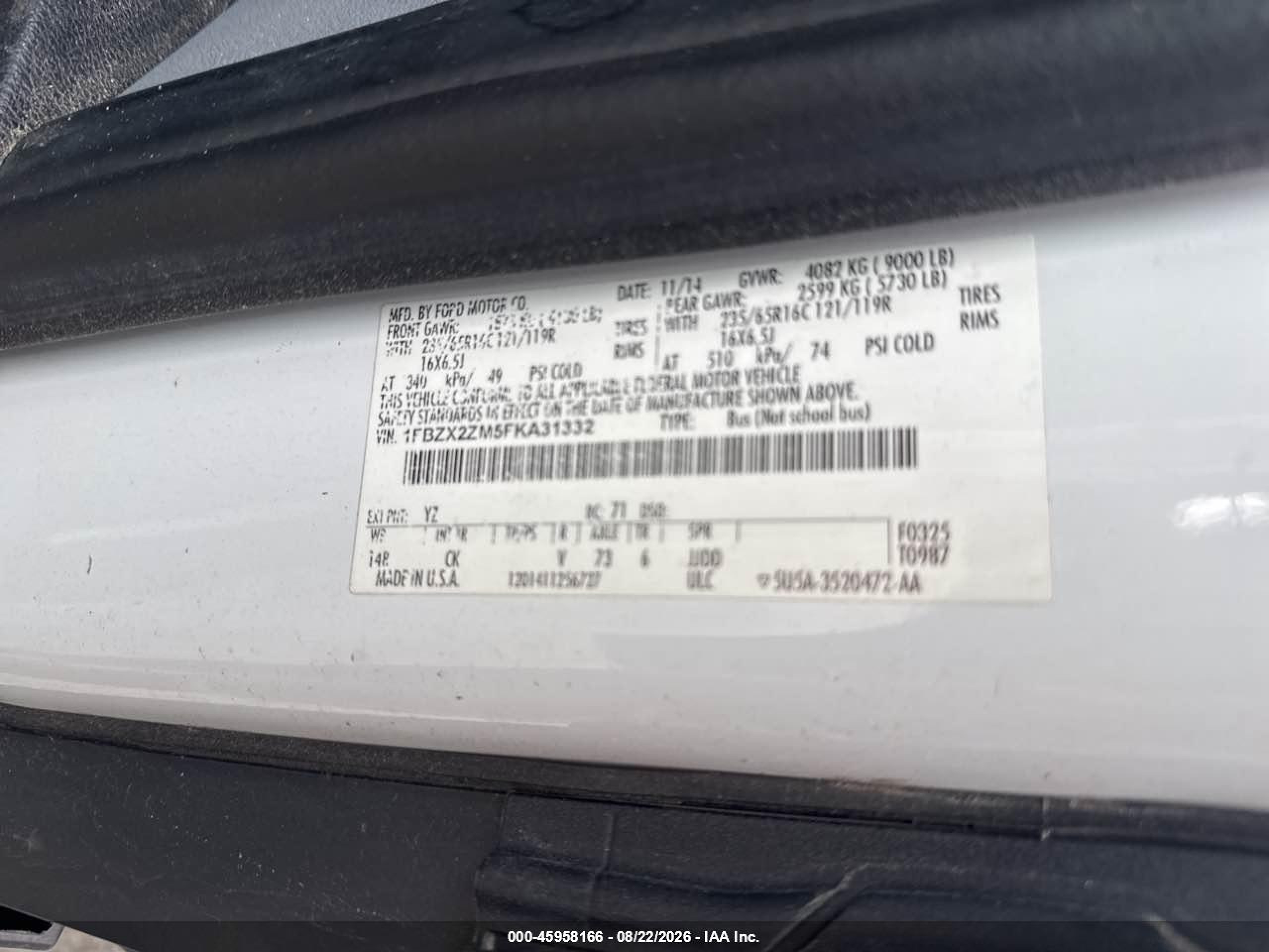 2015 Ford Transit-350 Xlt White vin: 1FBZX2ZM5FKA31332