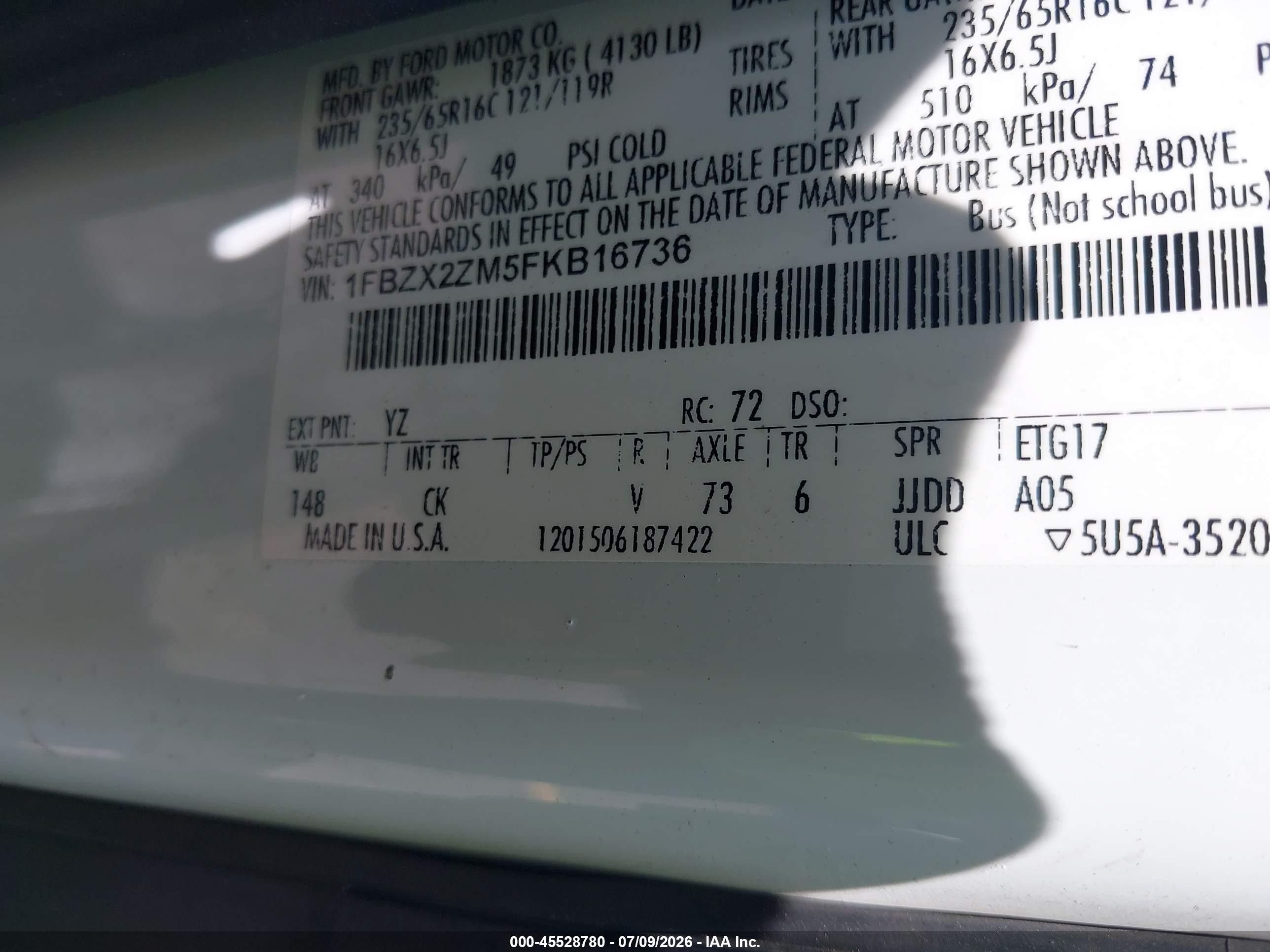 2015 Ford Transit-350 Xl/xlt White vin: 1FBZX2ZM5FKB16736