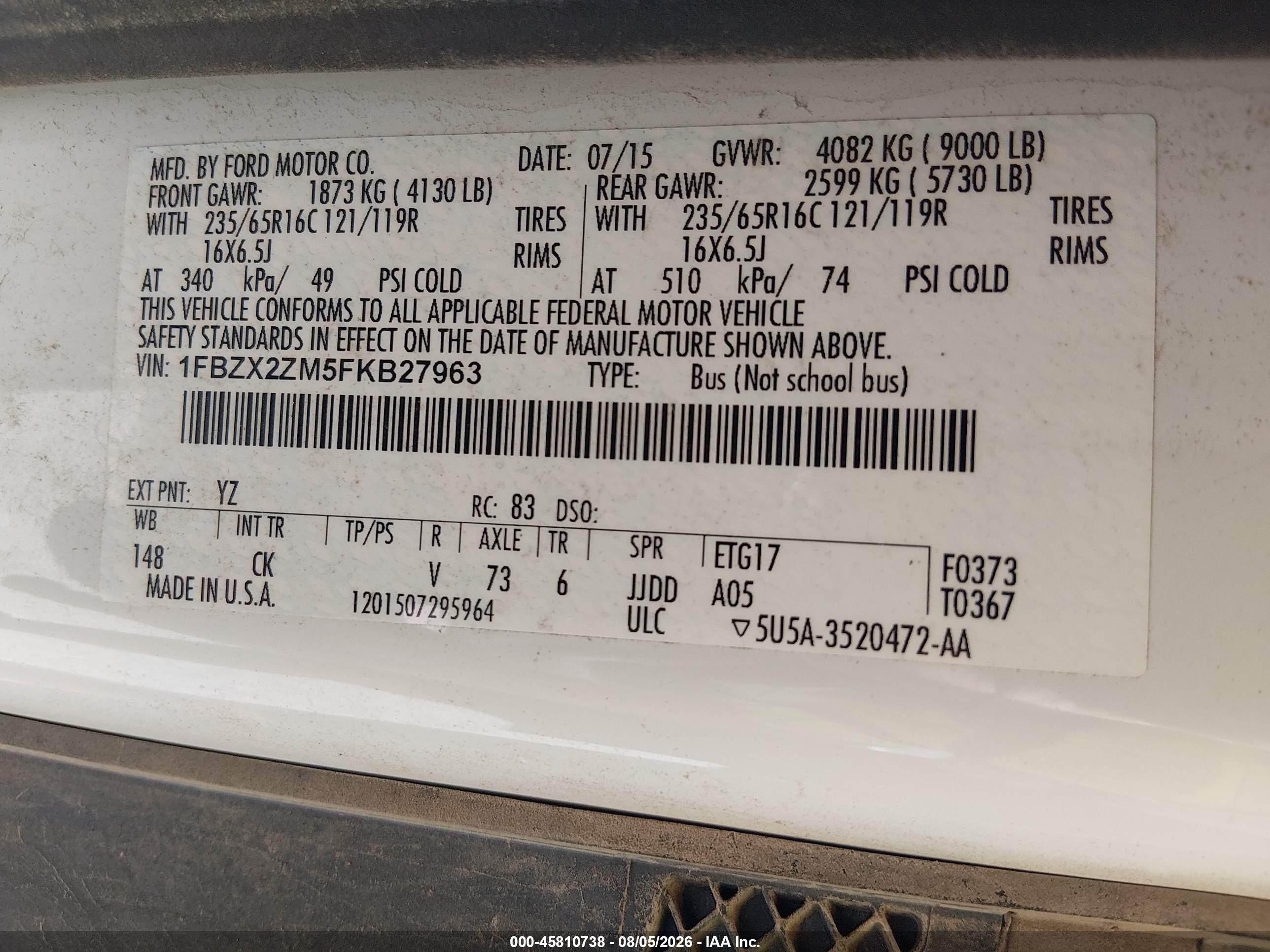 2015 Ford Transit-350 Xlt White vin: 1FBZX2ZM5FKB27963