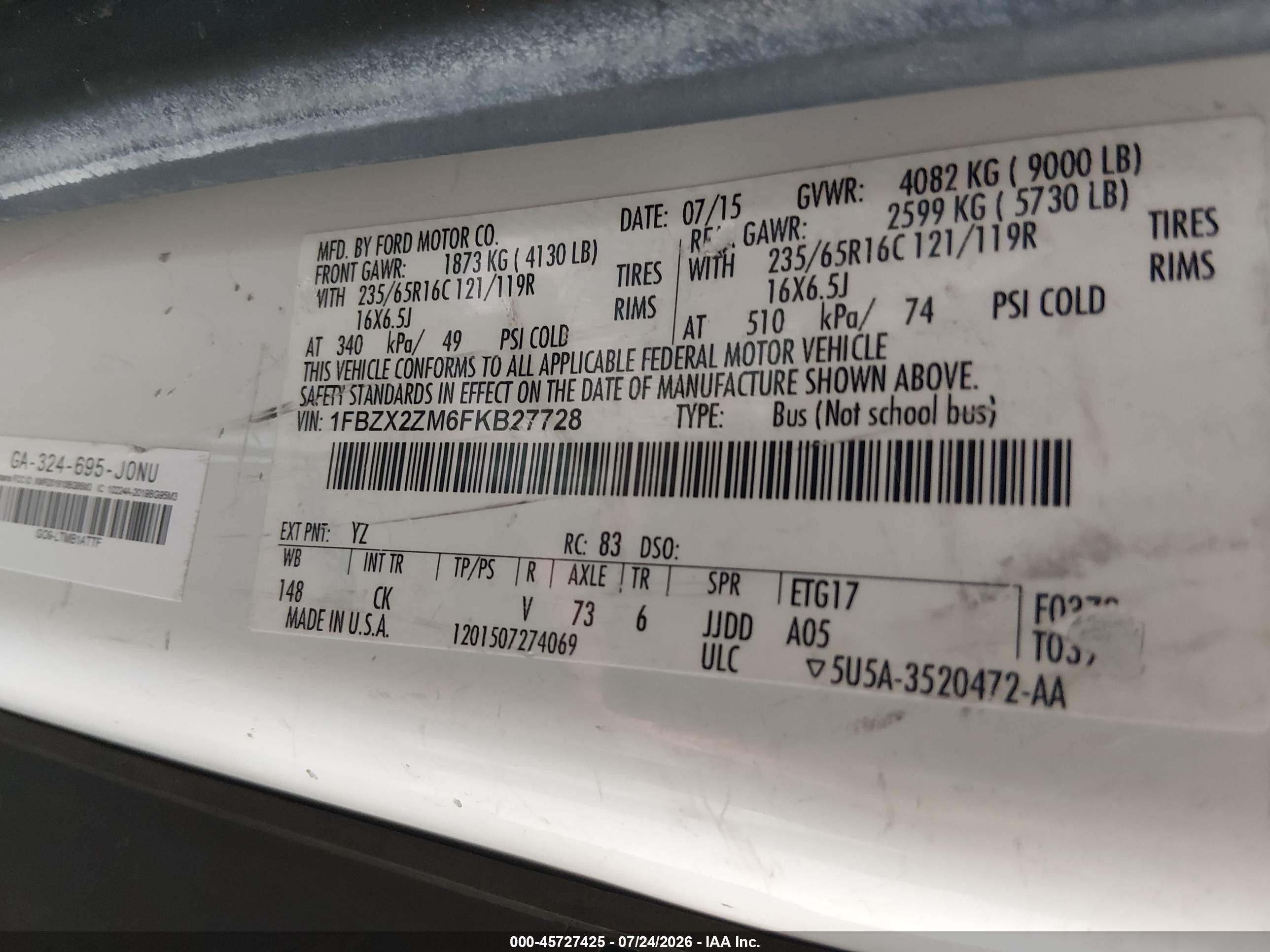 2015 Ford Transit-350 Xlt White vin: 1FBZX2ZM6FKB27728