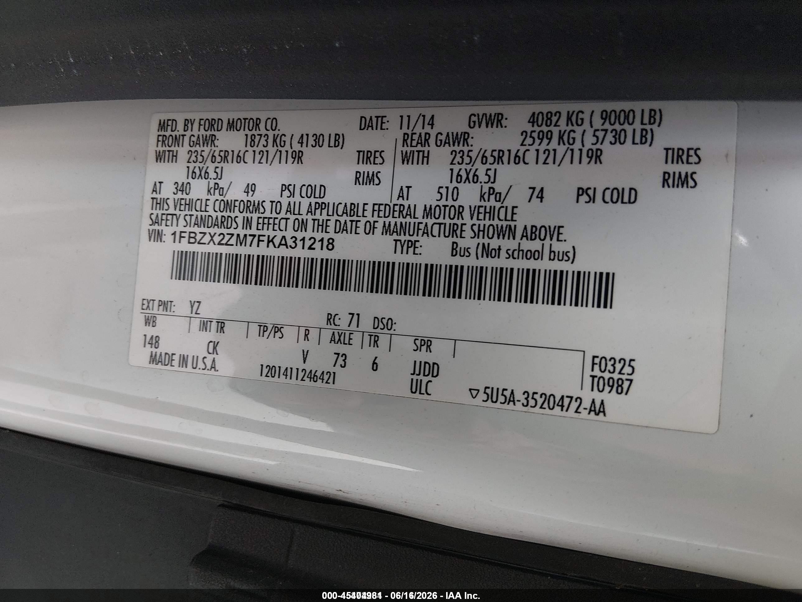 2015 Ford Transit-350 Xlt White vin: 1FBZX2ZM7FKA31218