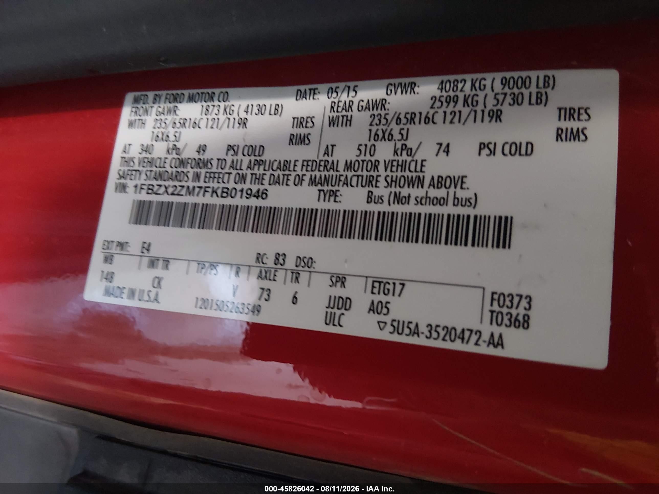 2015 Ford Transit-350 Xlt Red vin: 1FBZX2ZM7FKB01946