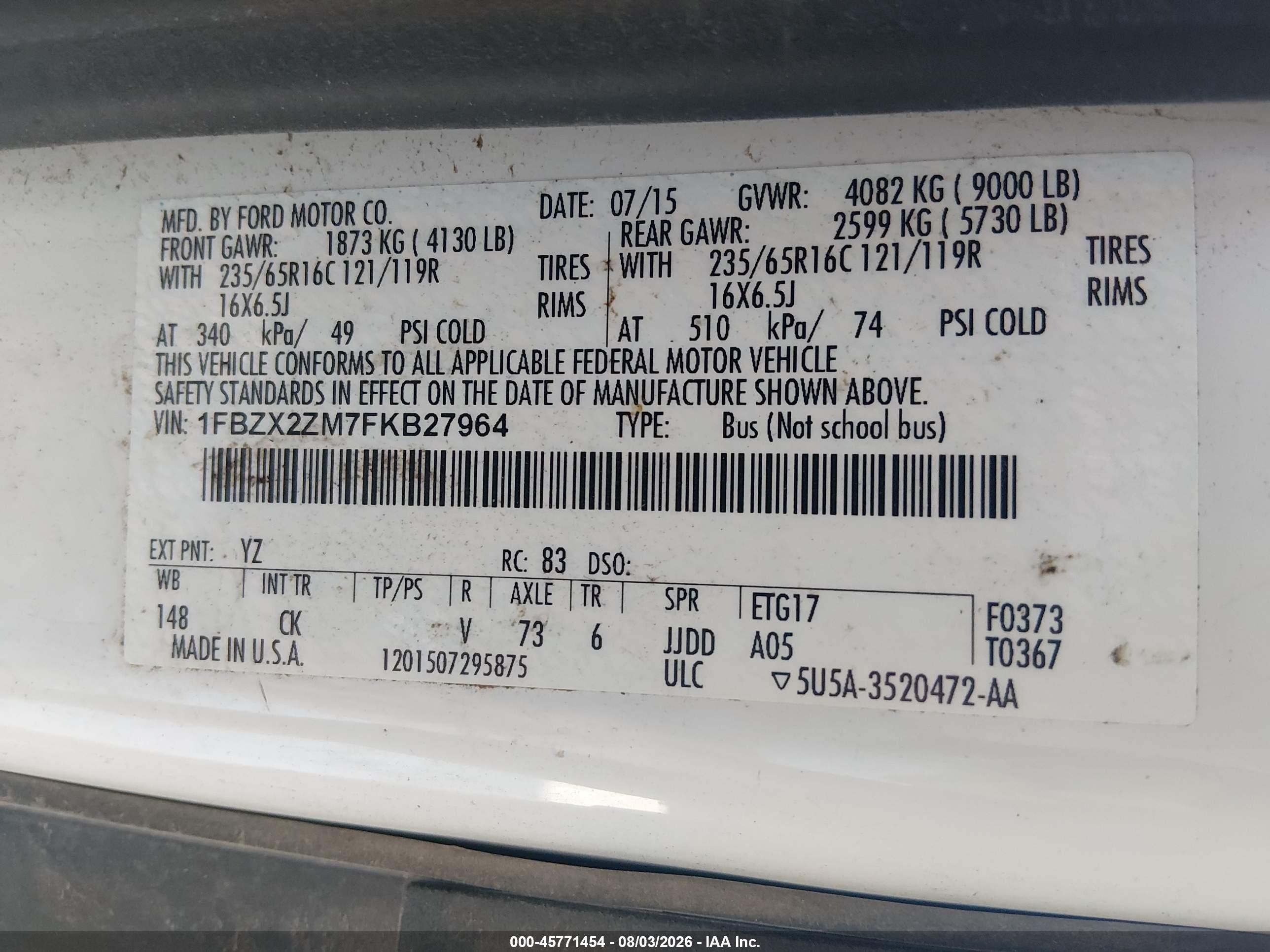 2015 Ford Transit-350 Xlt White vin: 1FBZX2ZM7FKB27964