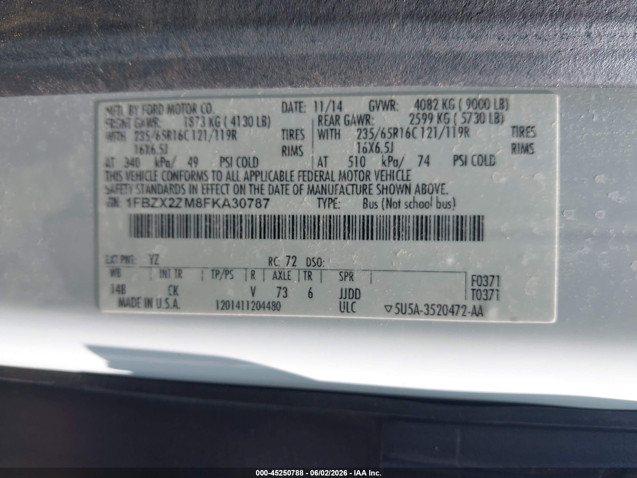 2015 Ford Transit-350 Xlt White vin: 1FBZX2ZM8FKA30787