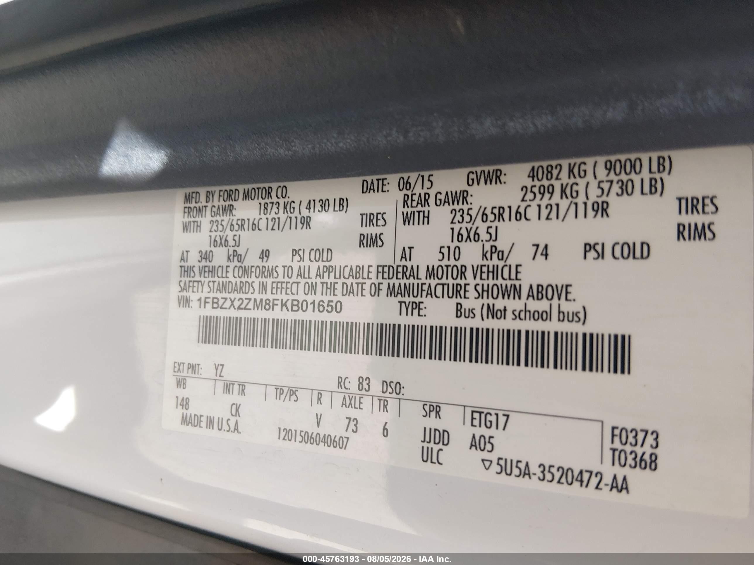 2015 Ford Transit-350 Xlt Белый vin: 1FBZX2ZM8FKB01650