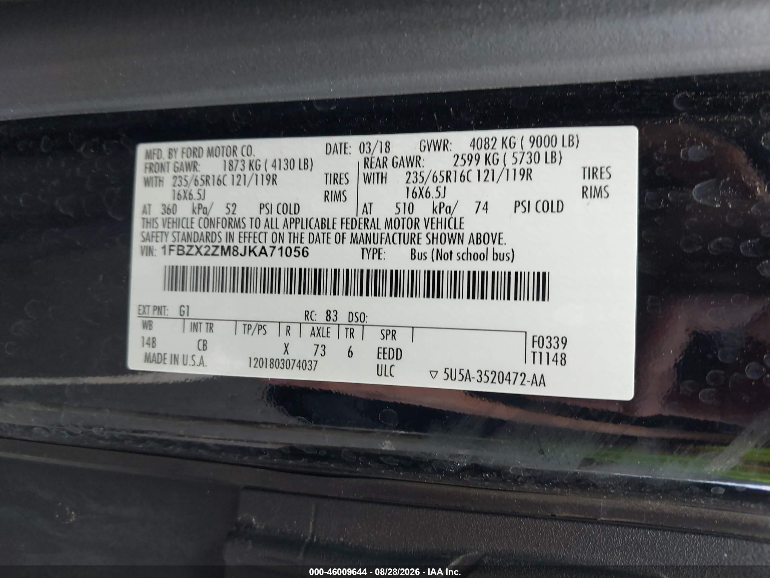 2018 Ford Transit-350 Xl Black vin: 1FBZX2ZM8JKA71056